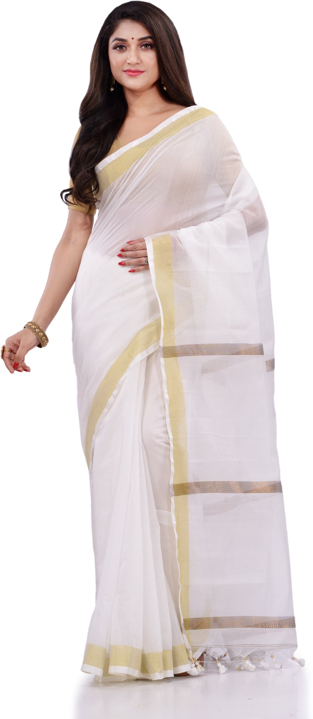 Desh Bidesh Woven Handloom Pure Cotton Saree (White) - Distacart