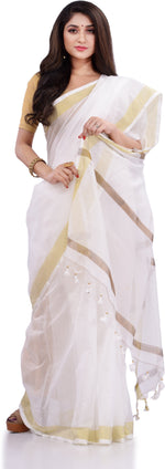 Thumbnail for Desh Bidesh Woven Handloom Pure Cotton Saree (White) - Distacart