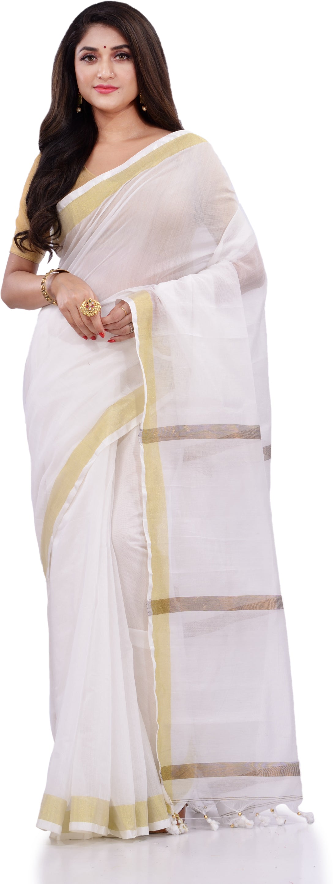 Desh Bidesh Woven Handloom Pure Cotton Saree (White) - Distacart
