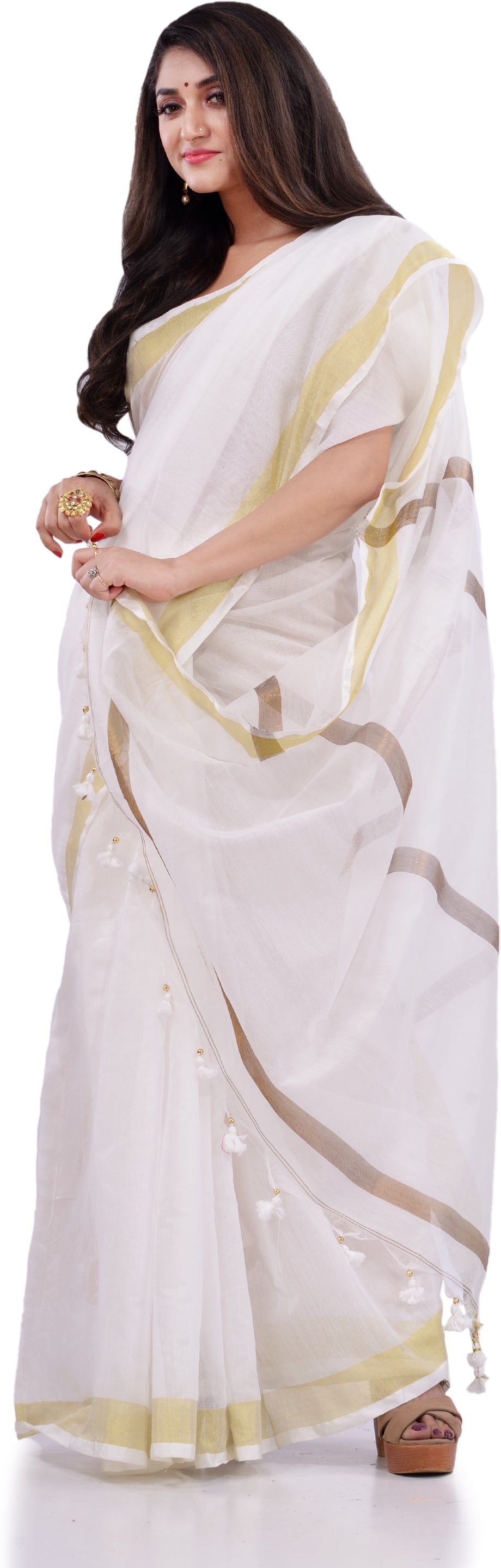 Desh Bidesh Woven Handloom Pure Cotton Saree (White) - Distacart