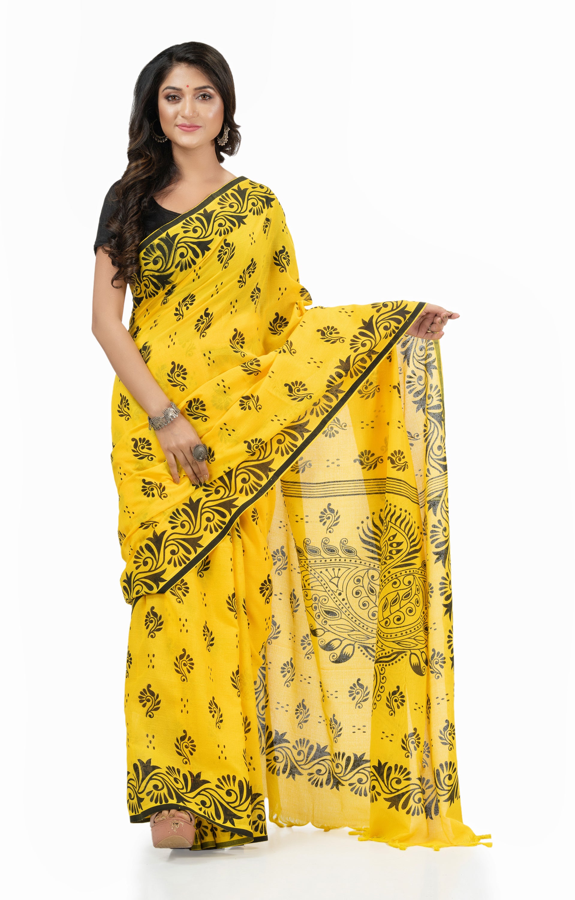 Desh Bidesh Woven Handloom Handloom Pure Cotton Saree (Yellow) - Distacart