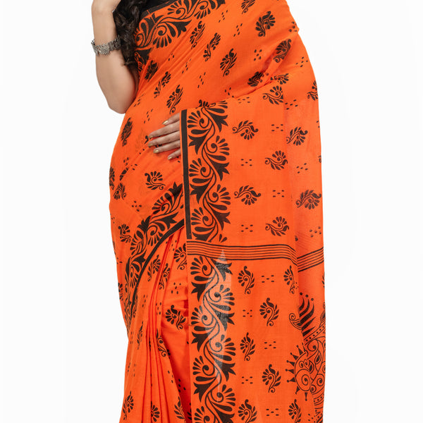 Desh Bidesh Woven Handloom Handloom Pure Cotton Saree (Orange) - Distacart