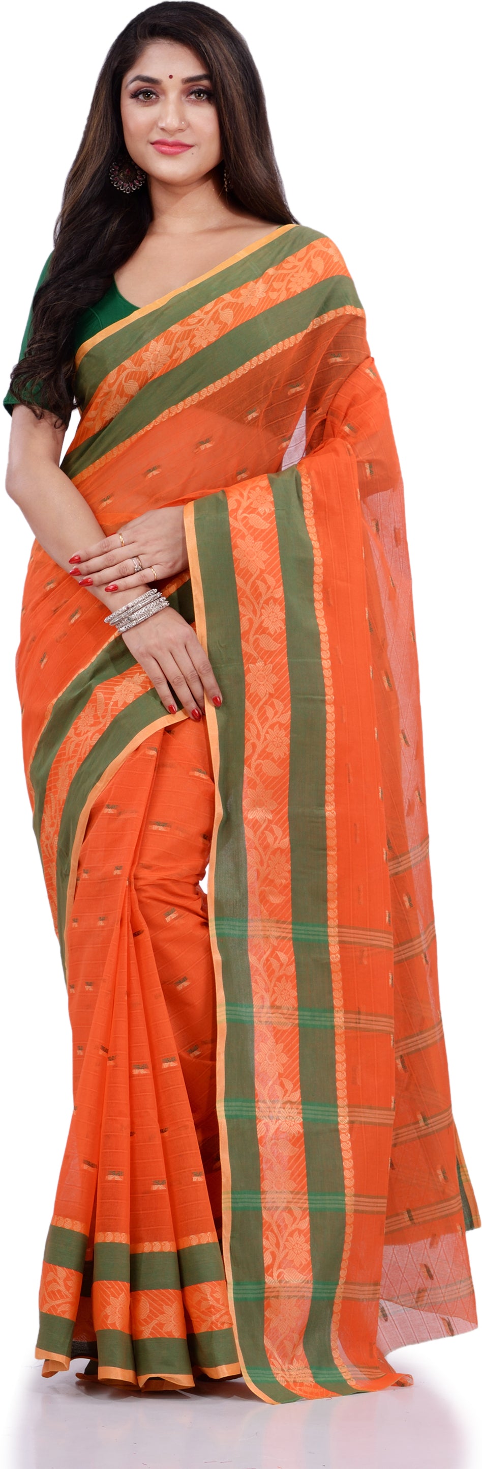 Desh Bidesh Woven Handloom Pure Cotton Saree (Orange) - Distacart