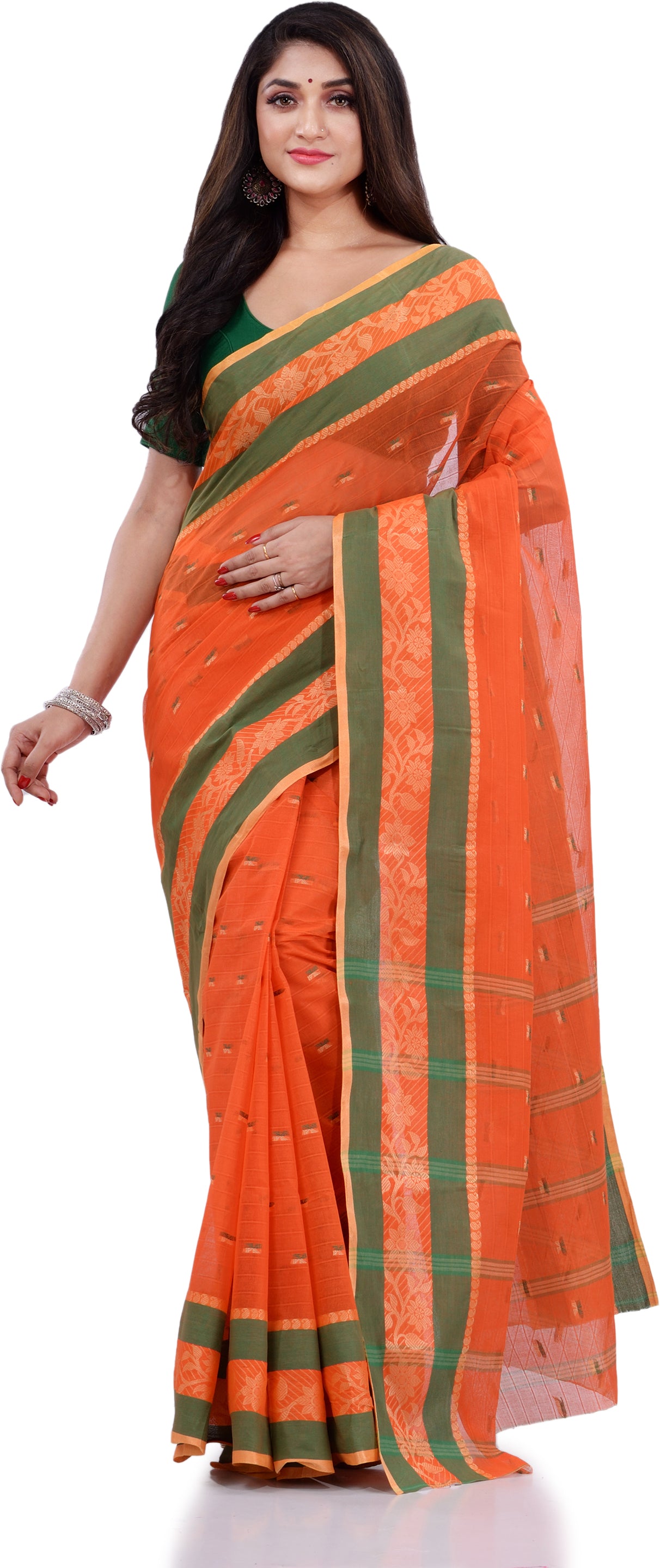 Desh Bidesh Woven Handloom Pure Cotton Saree (Orange) - Distacart