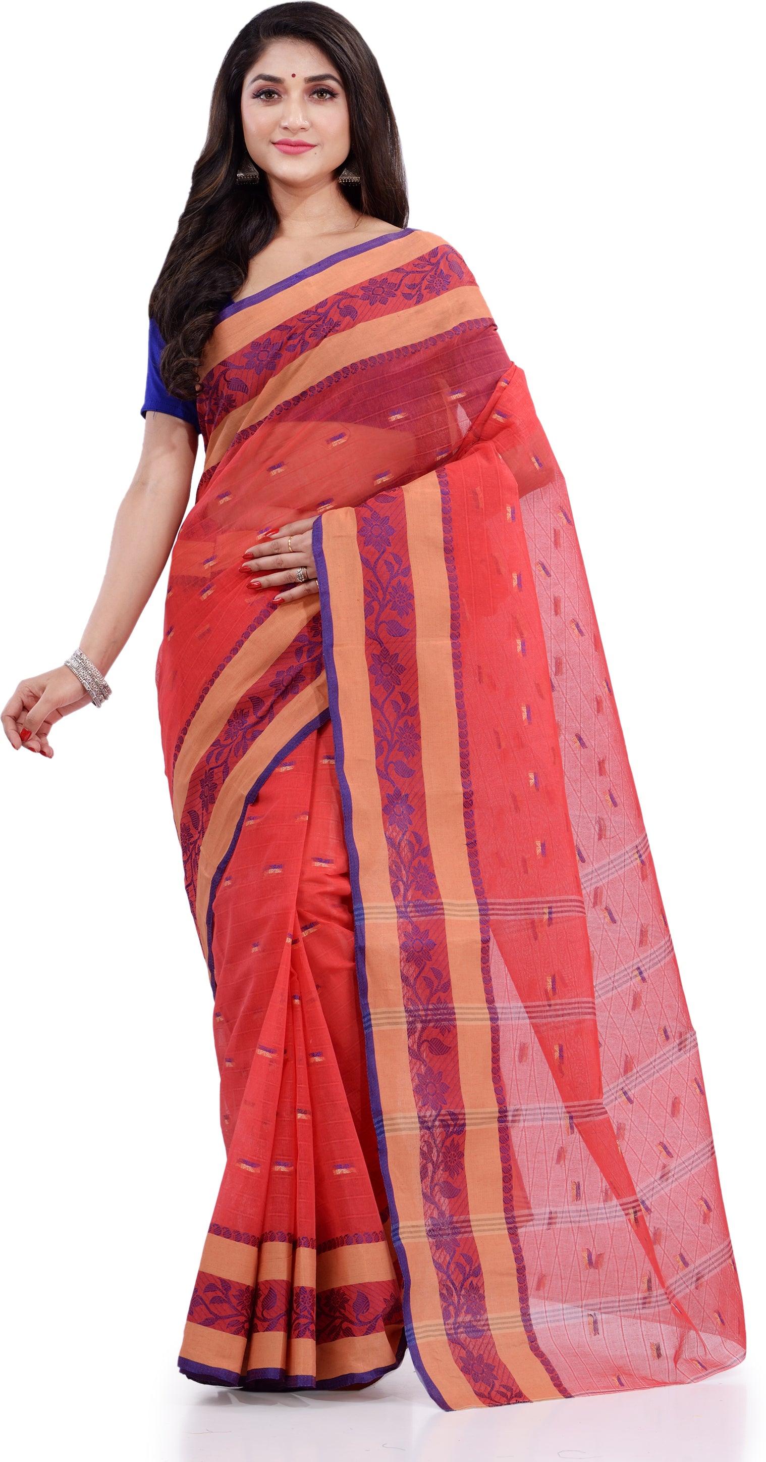 Desh Bidesh Woven Handloom Pure Cotton Saree (Red) - Distacart