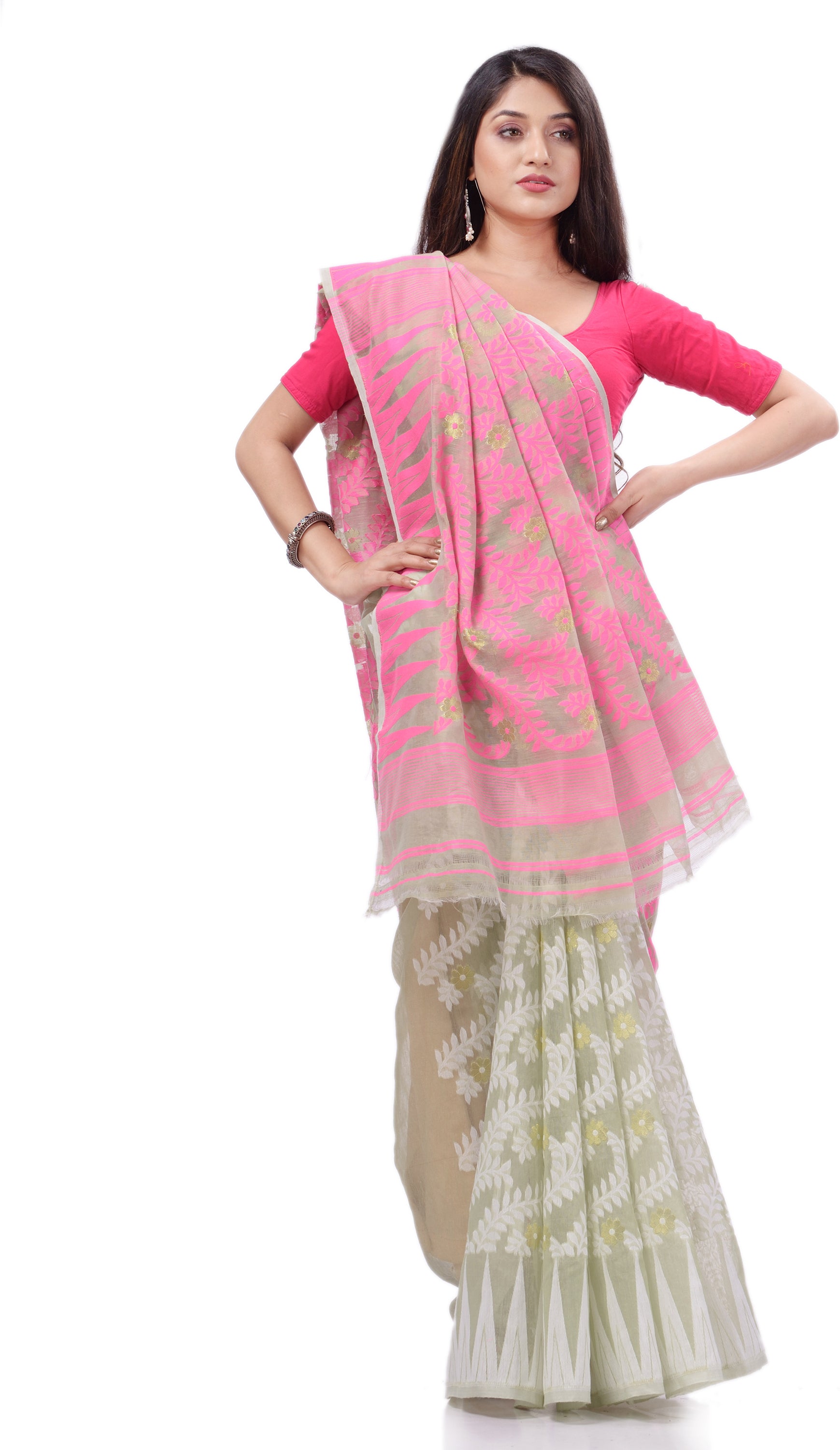 Desh Bidesh Woven Handloom Pure Cotton Saree (Pink) - Distacart