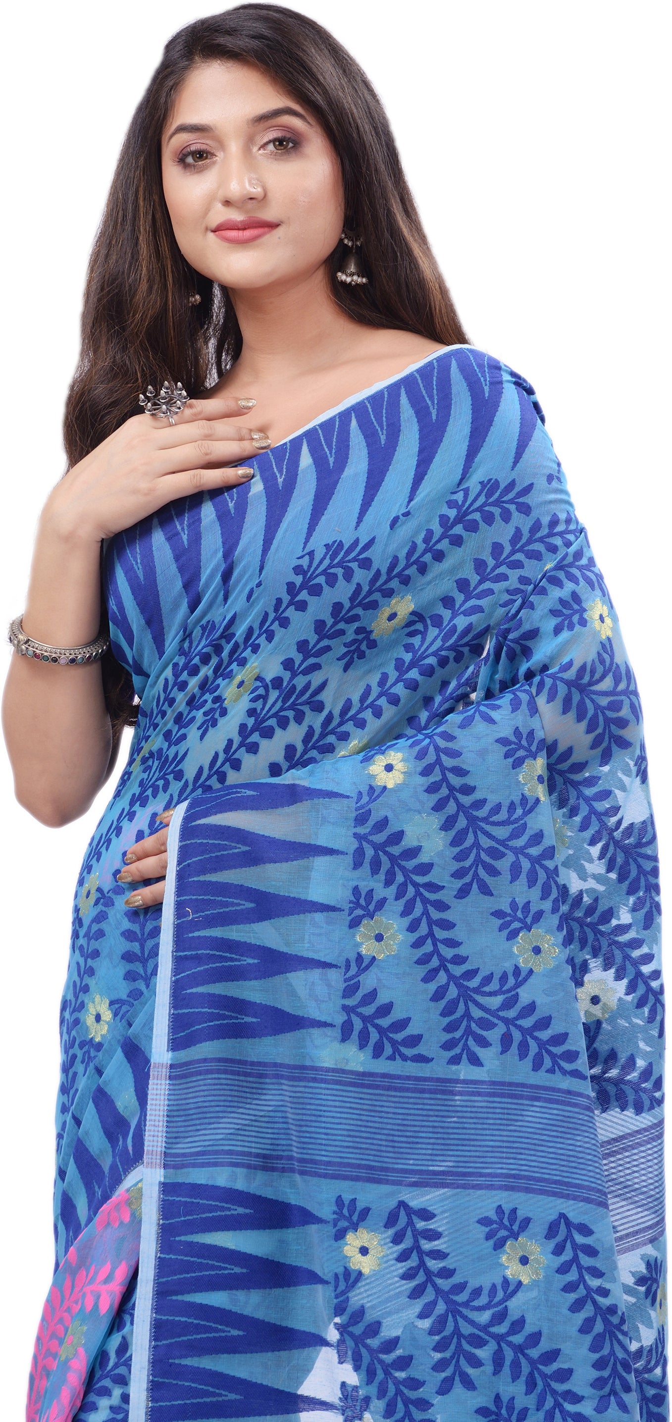 Desh Bidesh Woven Handloom Pure Cotton Saree (Blue) - Distacart