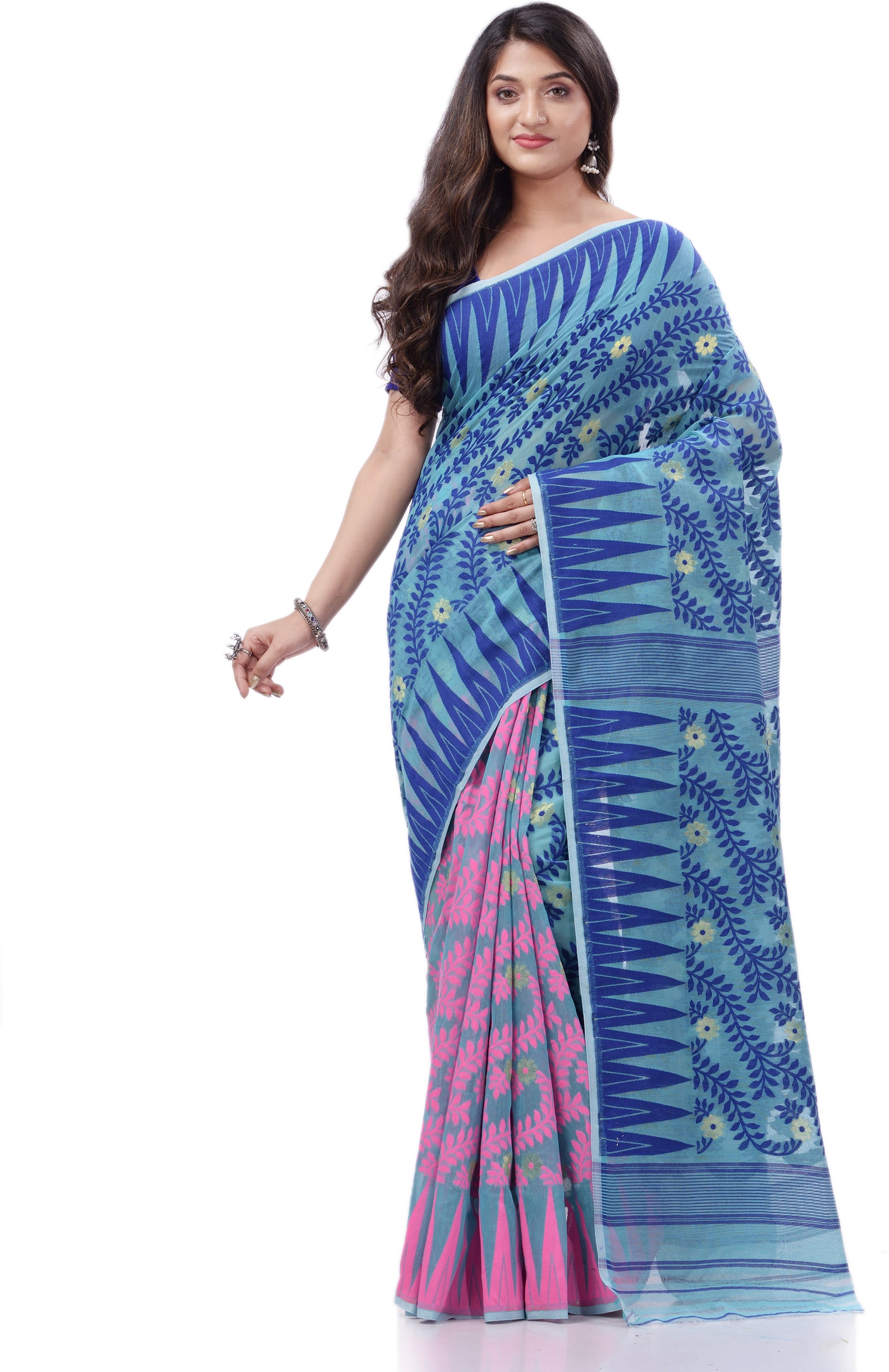 Desh Bidesh Woven Handloom Pure Cotton Saree (Dark Blue) - Distacart