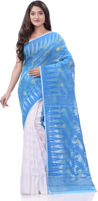 Desh Bidesh Woven Handloom Pure Cotton Saree (Light Blue) - Distacart