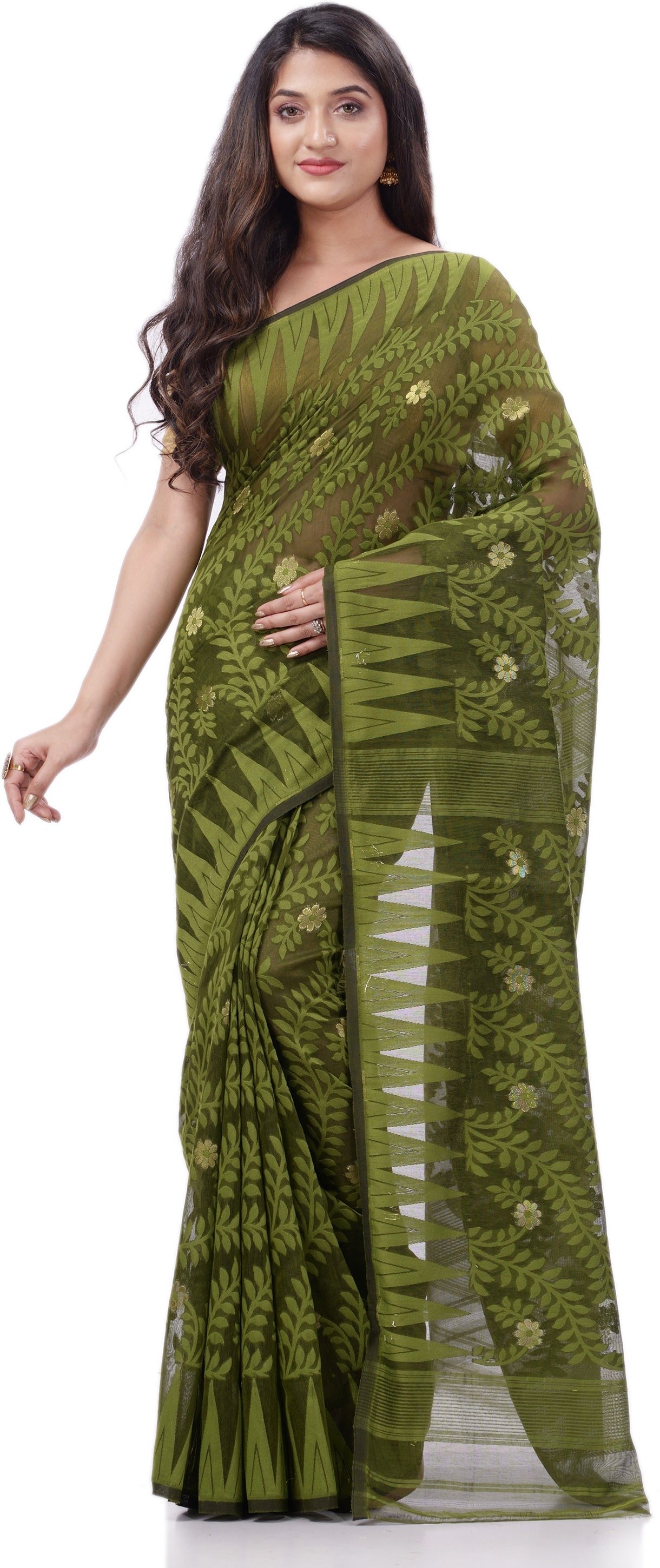 Desh Bidesh Woven Handloom Pure Cotton Saree (Dark Green) - Distacart