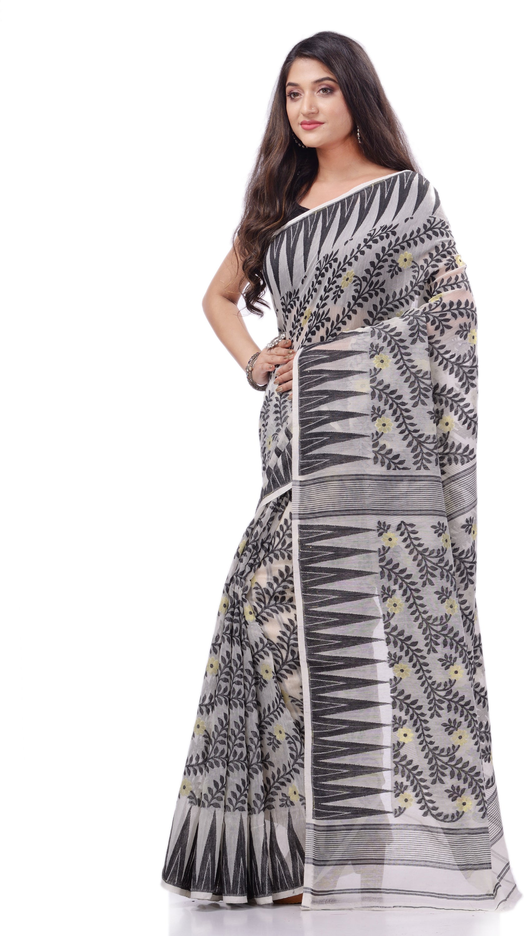 Desh Bidesh Woven Handloom Cotton Silk Saree (Black) - Distacart