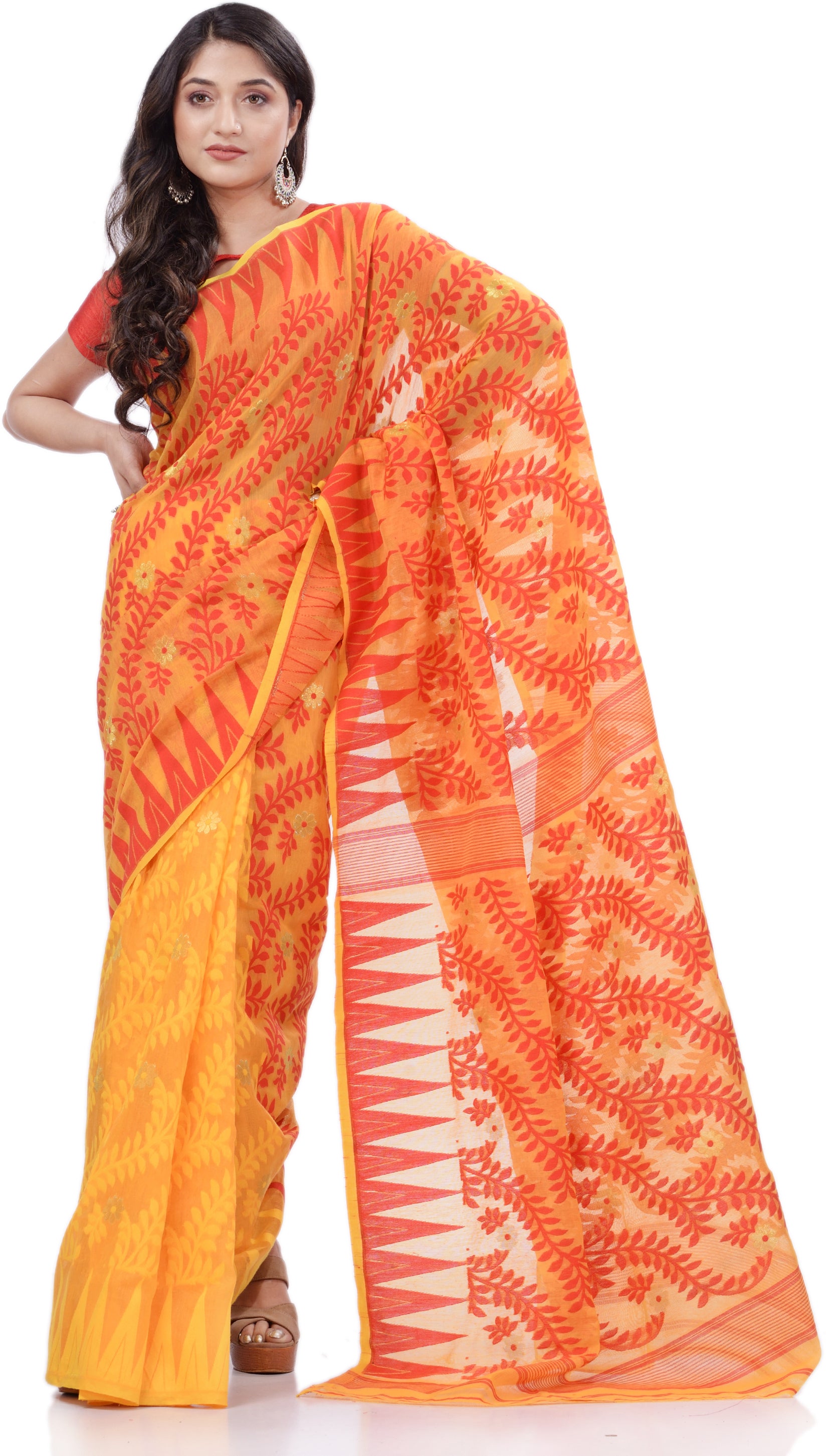 Desh Bidesh Woven Handloom Cotton Silk Saree (Yellow) - Distacart