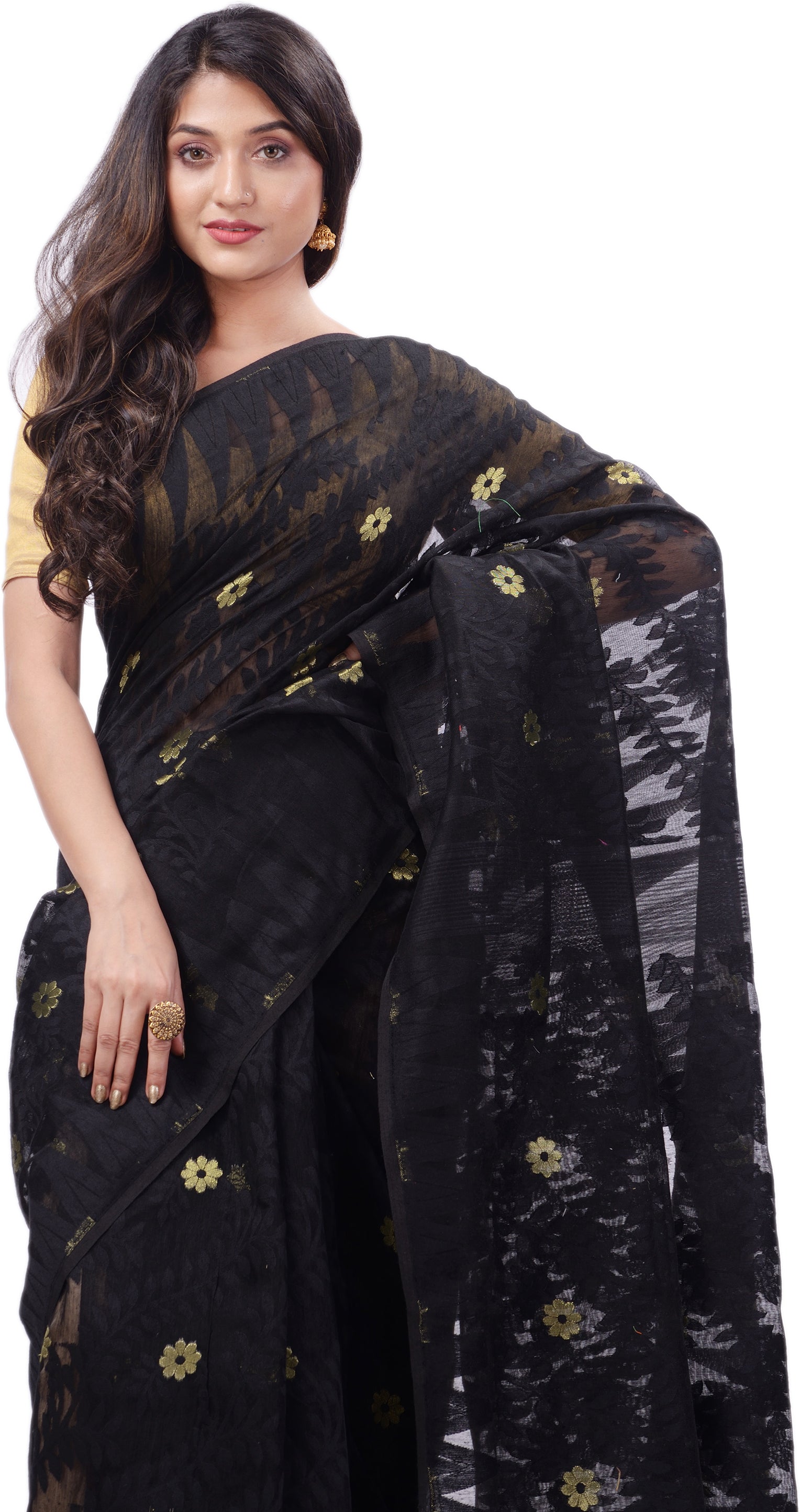 Desh Bidesh Woven Handloom Cotton Silk Saree (Black) - Distacart