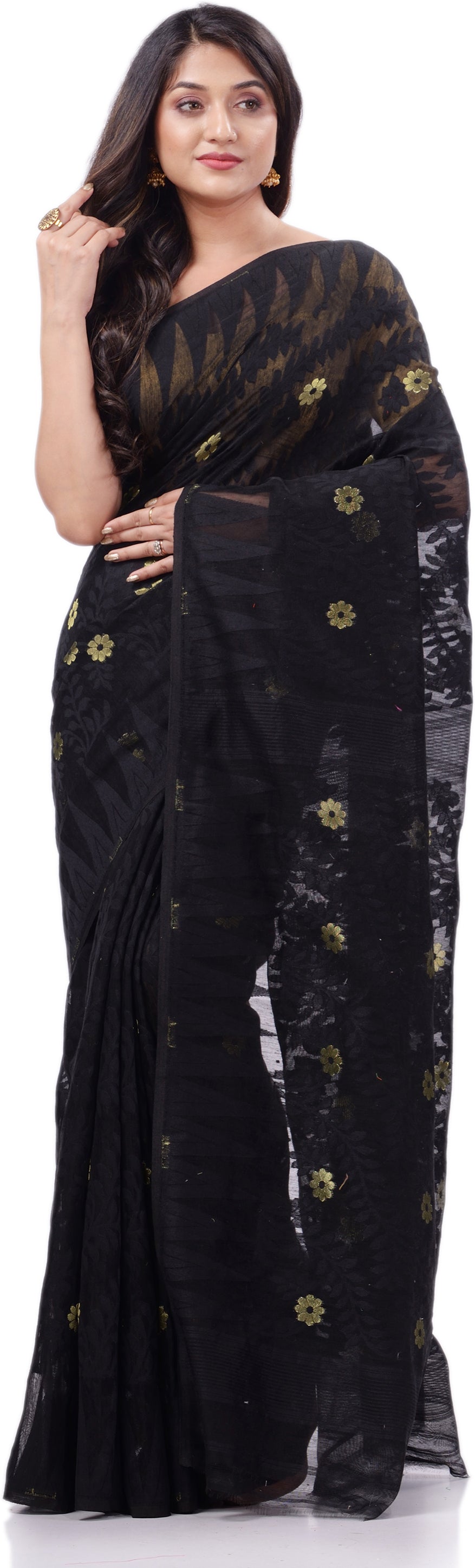 Desh Bidesh Woven Handloom Cotton Silk Saree (Black) - Distacart