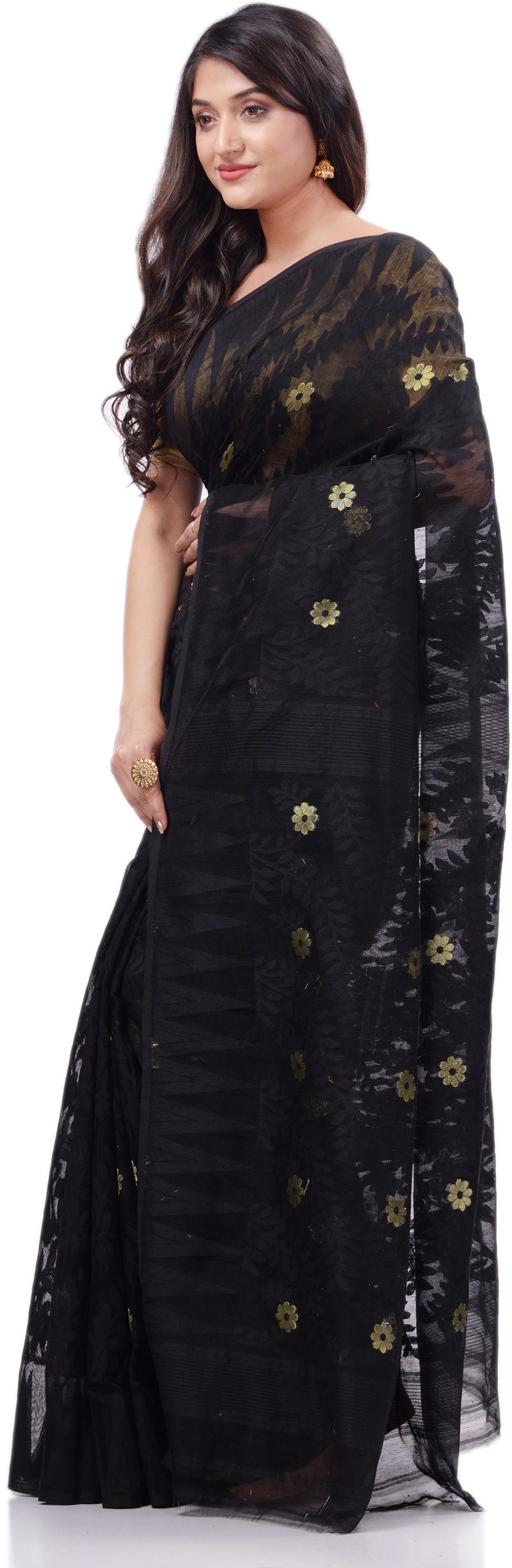 Desh Bidesh Woven Handloom Cotton Silk Saree (Black) - Distacart