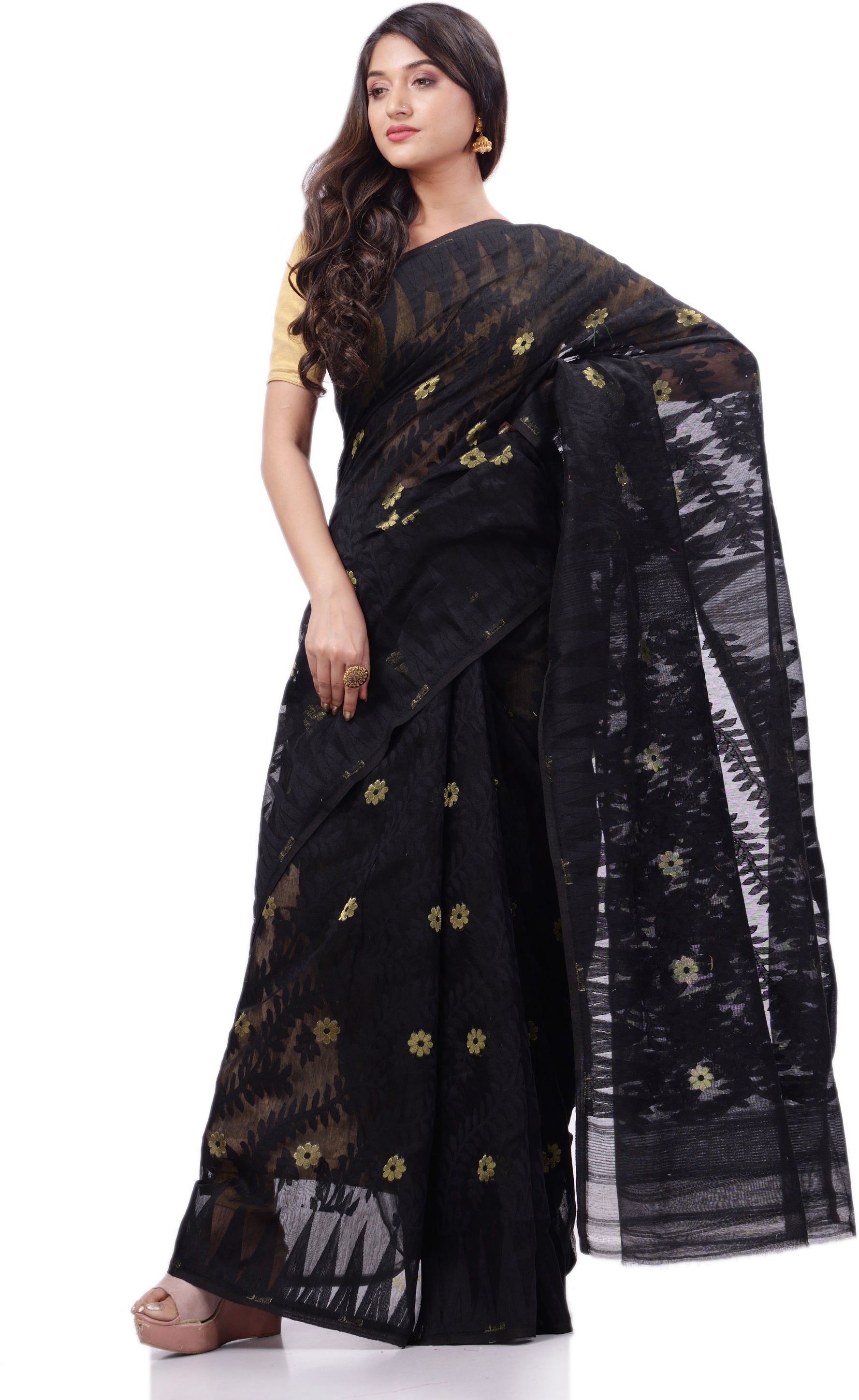 Desh Bidesh Woven Handloom Cotton Silk Saree (Black) - Distacart