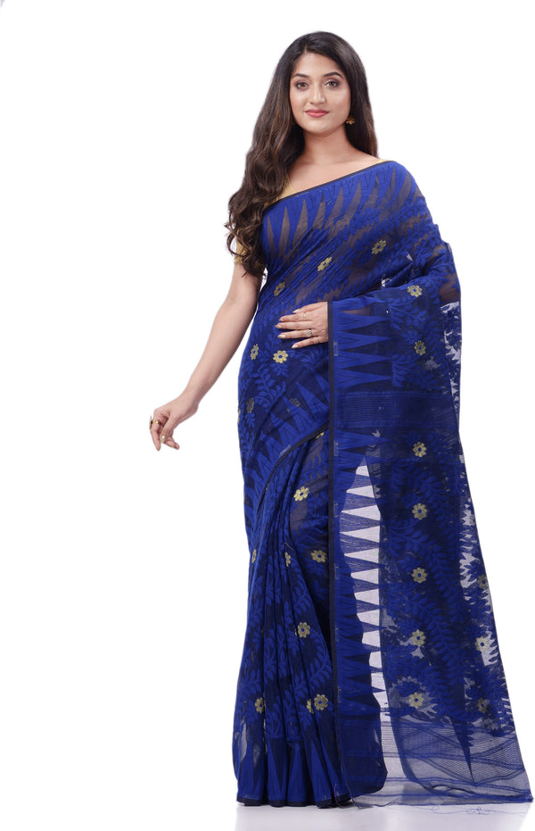 Desh Bidesh Woven Handloom Cotton Silk Saree (Dark Blue) - Distacart