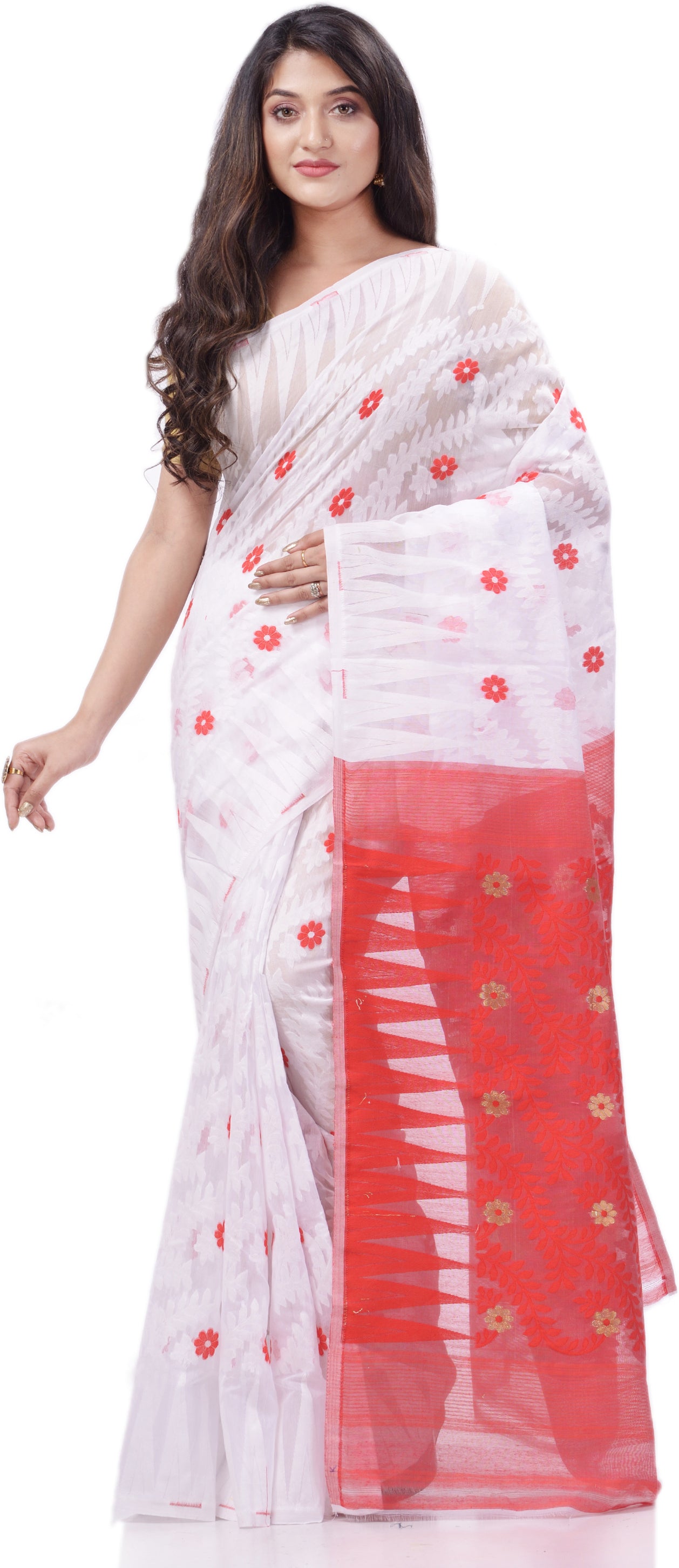 Desh Bidesh Woven Handloom Cotton Silk Saree (Red) - Distacart