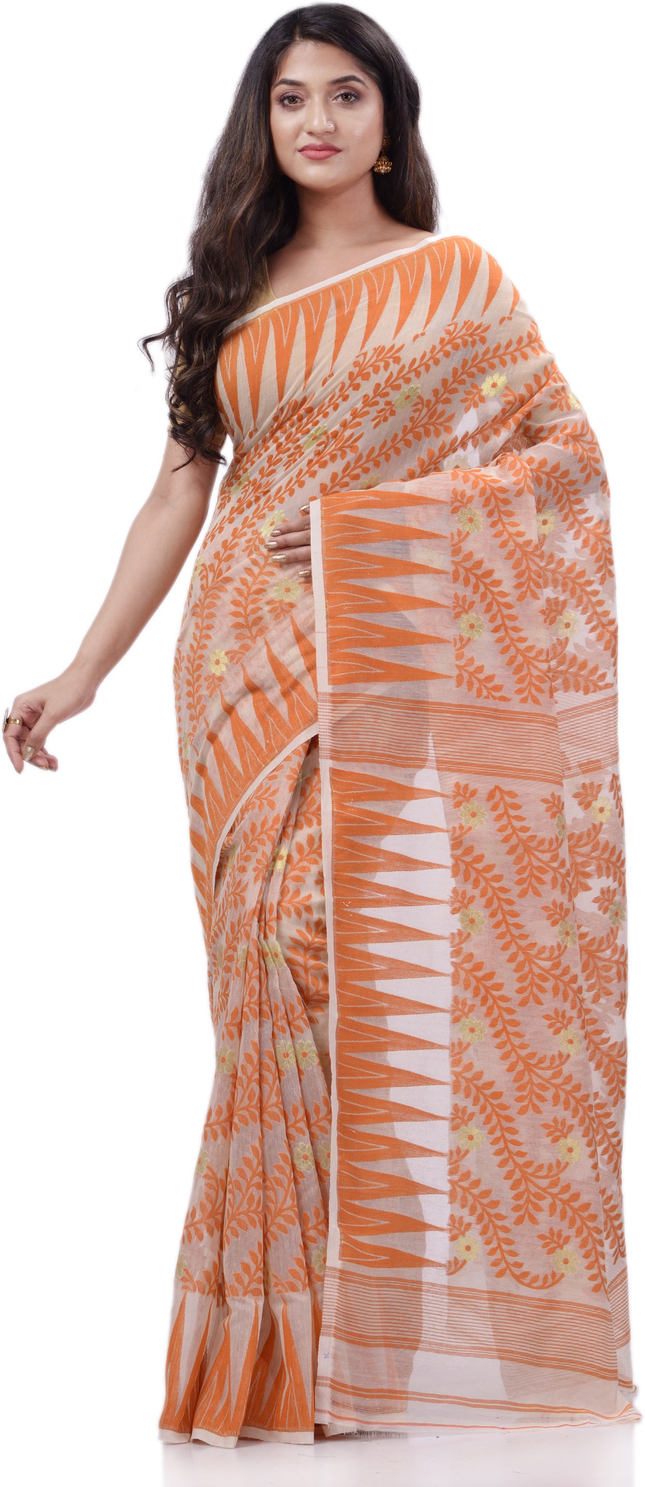 Desh Bidesh Woven Handloom Cotton Silk Saree (Orange) - Distacart