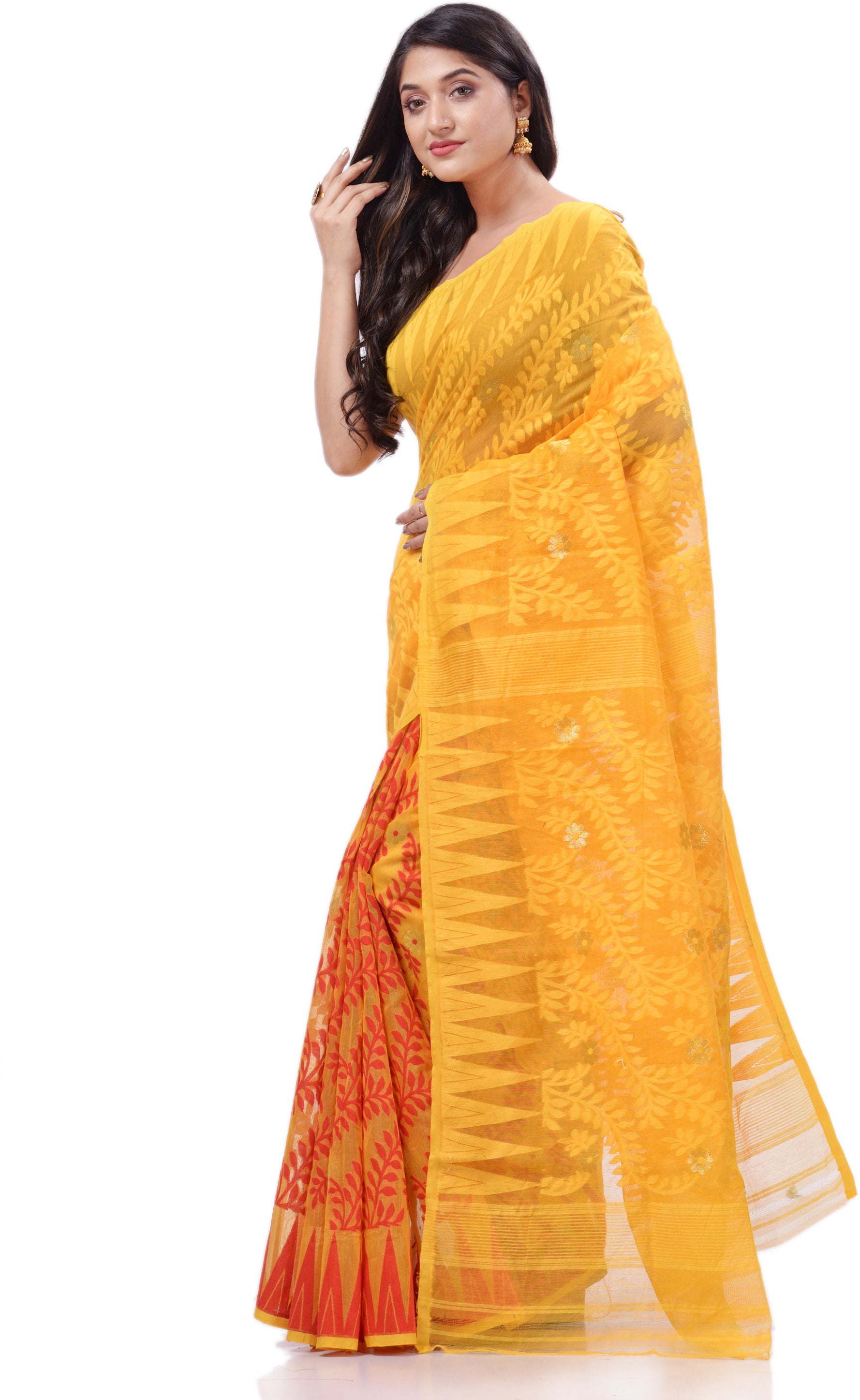 Desh Bidesh Woven Handloom Cotton Silk Saree (Yellow) - Distacart