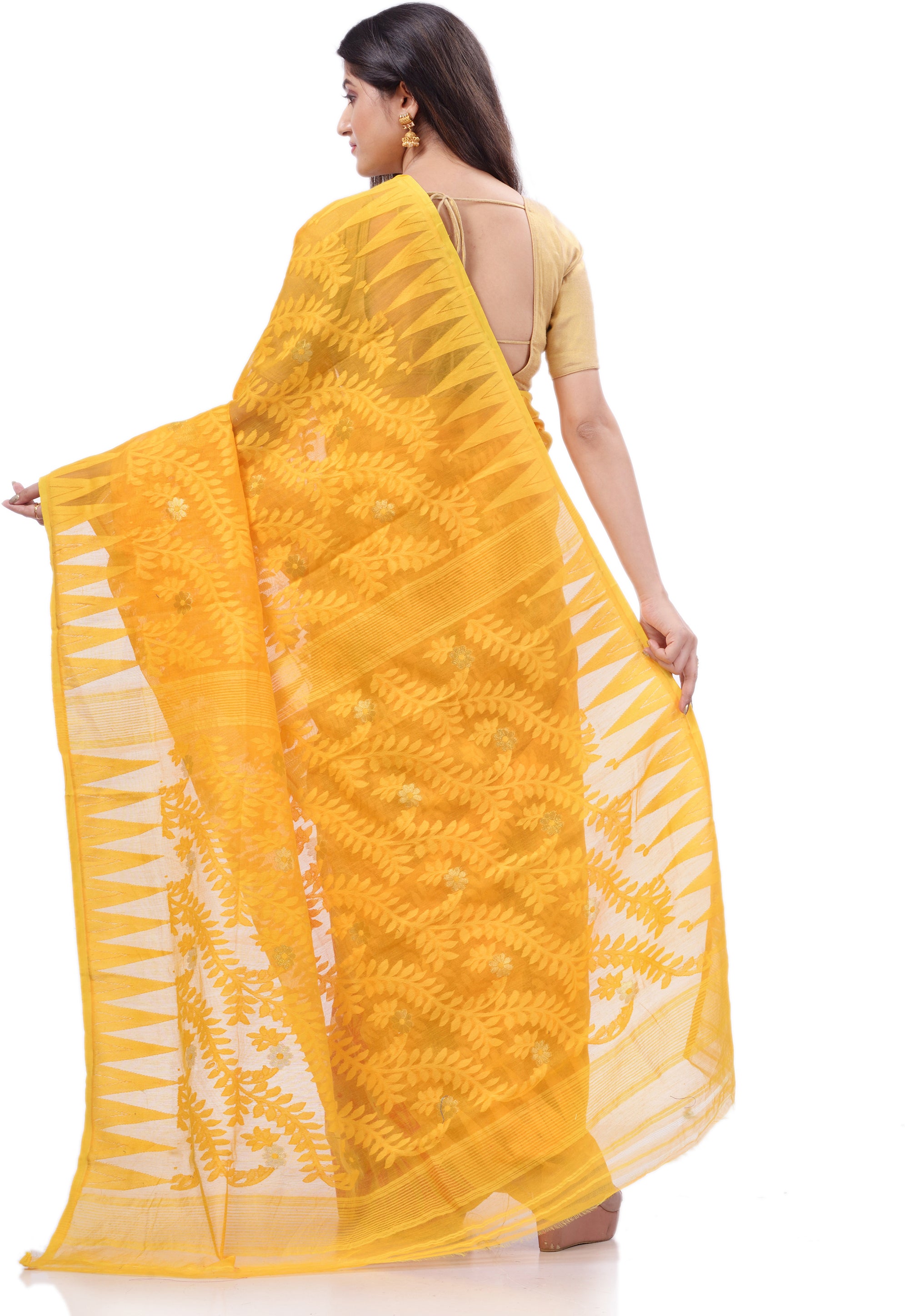 Desh Bidesh Woven Handloom Cotton Silk Saree (Yellow) - Distacart