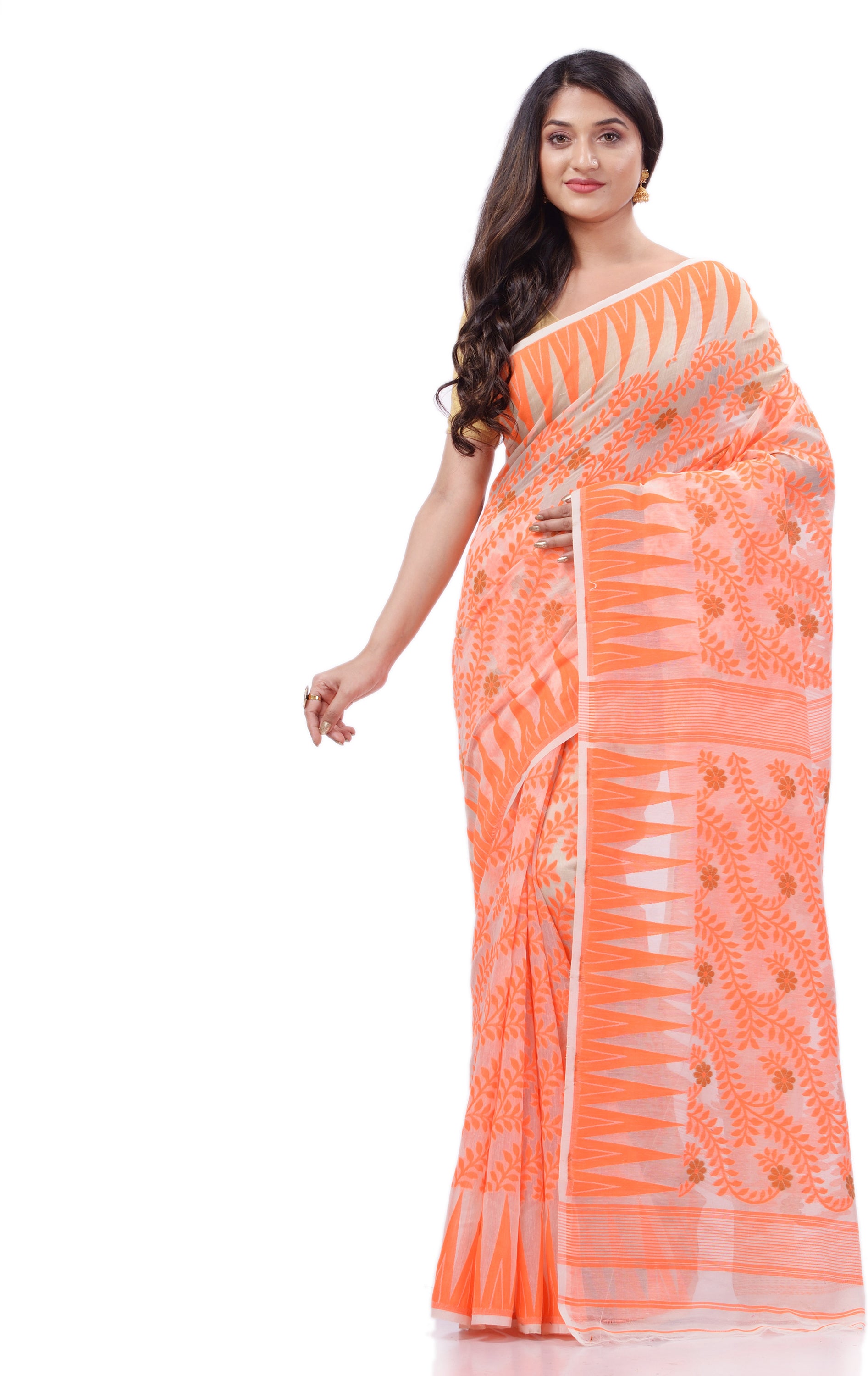 Desh Bidesh Woven Handloom Cotton Silk Saree (Orange) - Distacart
