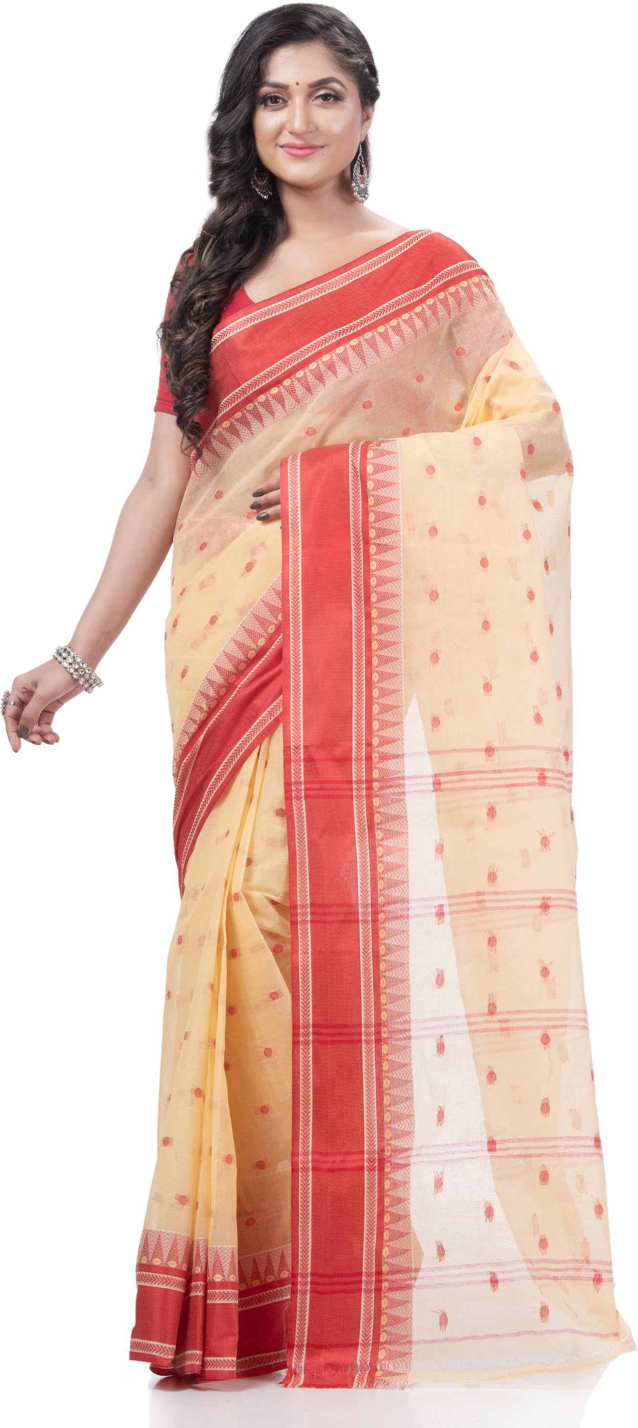 Desh Bidesh Temple Border Handloom Handloom Pure Cotton Saree (Cream) - Distacart