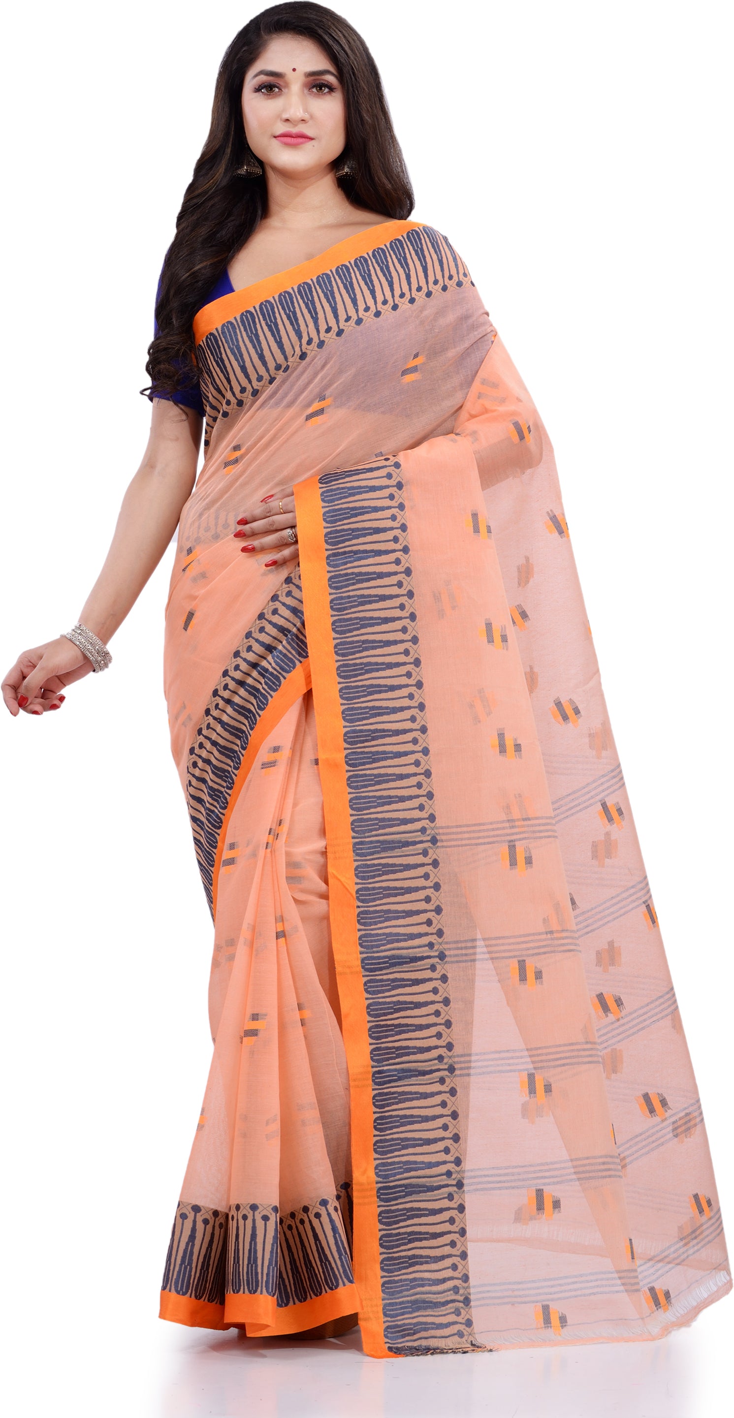 Desh Bidesh Woven Handloom Pure Cotton Saree (Orange) - Distacart