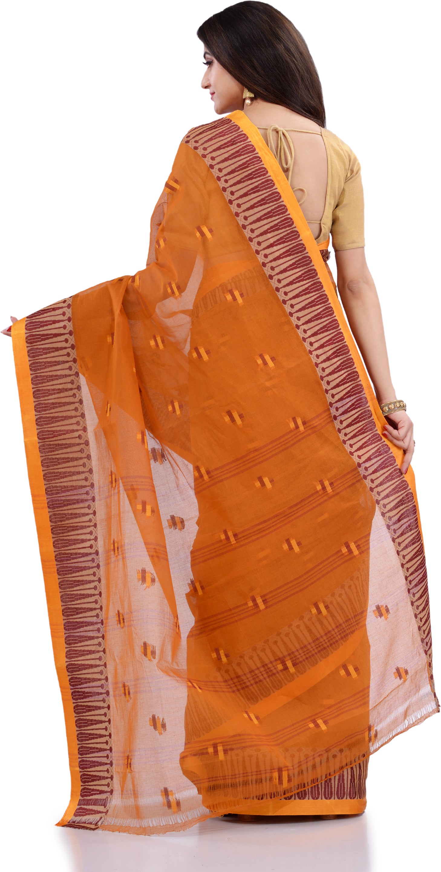 Desh Bidesh Woven Handloom Pure Cotton Saree (Orange) - Distacart