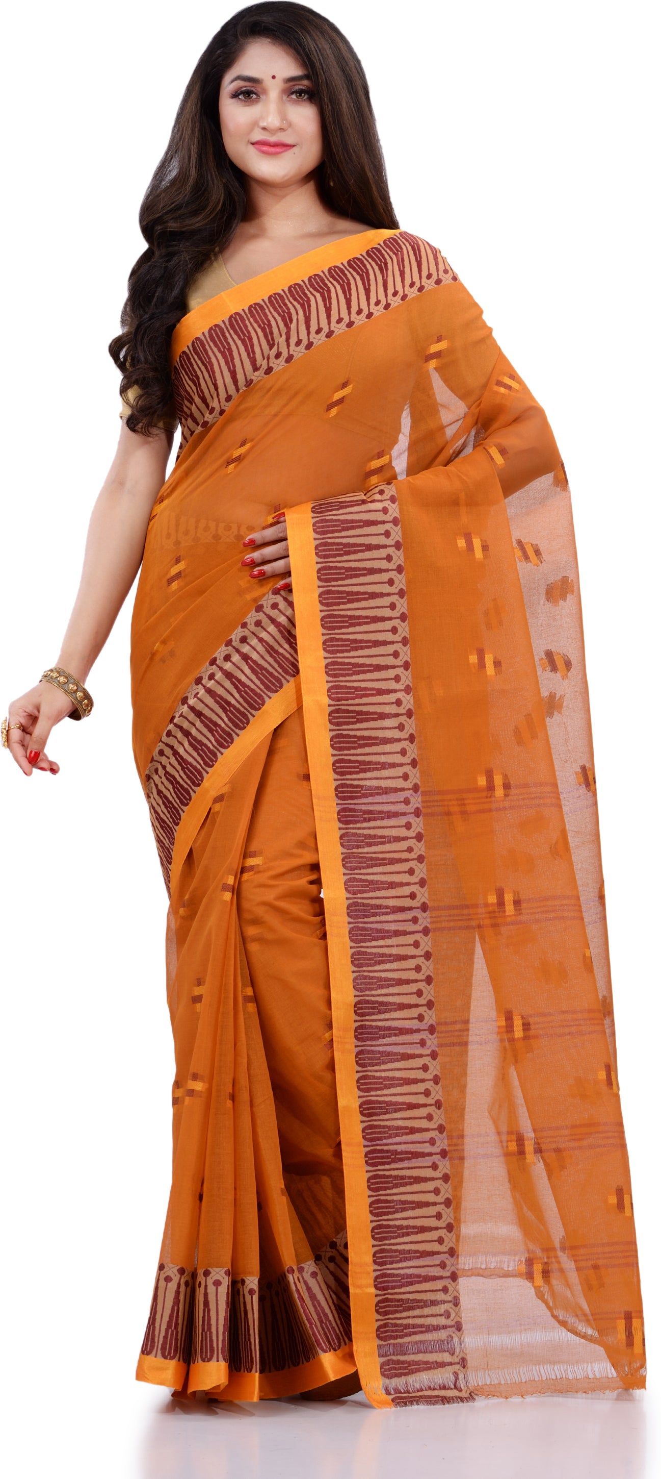 Desh Bidesh Woven Handloom Pure Cotton Saree (Orange) - Distacart