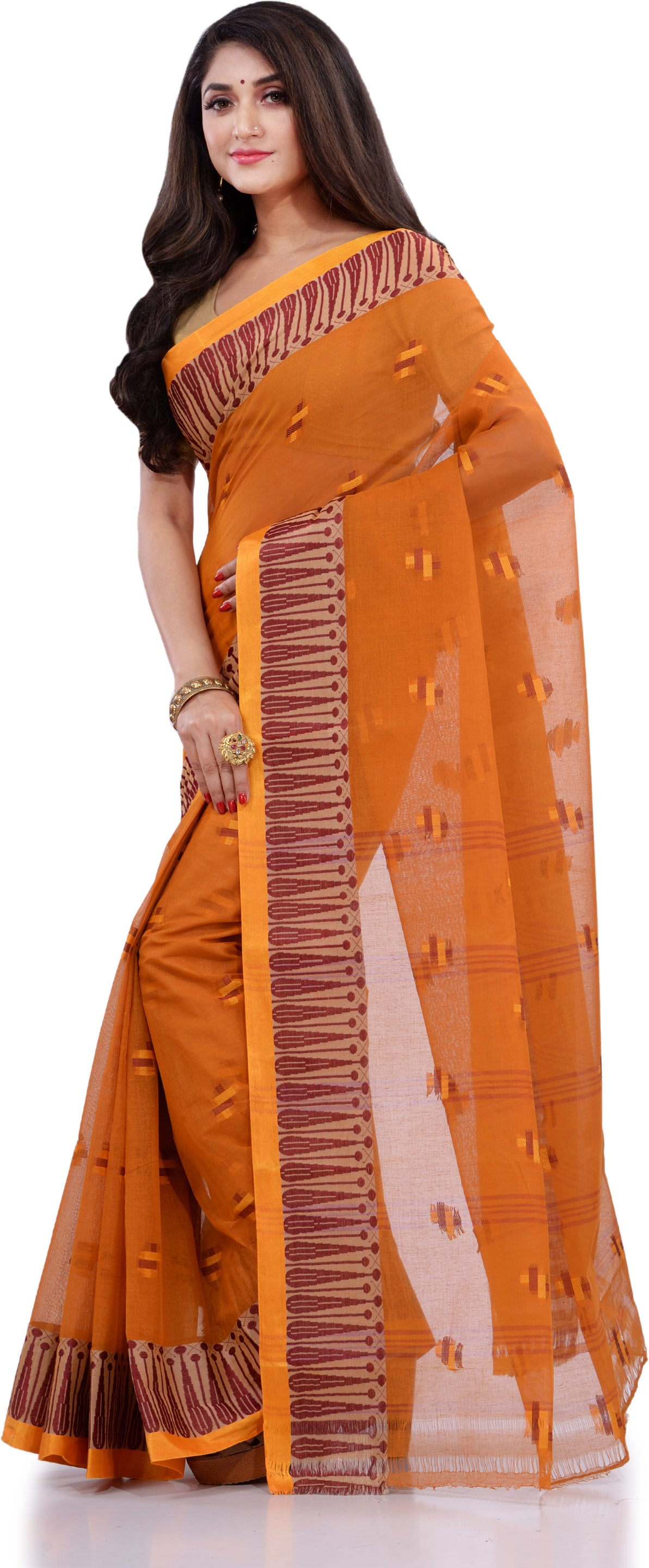 Desh Bidesh Woven Handloom Pure Cotton Saree (Orange) - Distacart