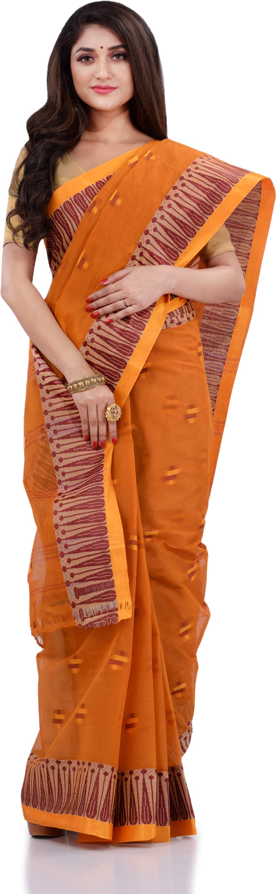 Desh Bidesh Woven Handloom Pure Cotton Saree (Orange) - Distacart