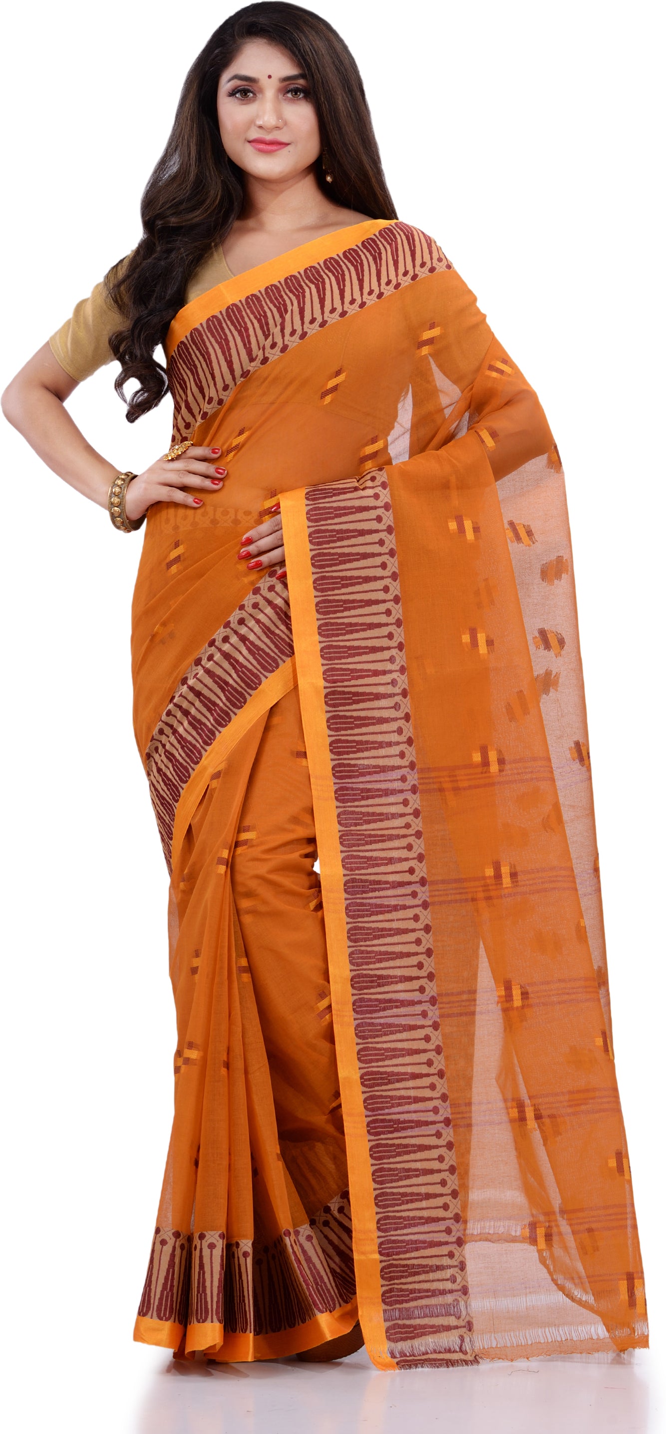 Desh Bidesh Woven Handloom Pure Cotton Saree (Orange) - Distacart