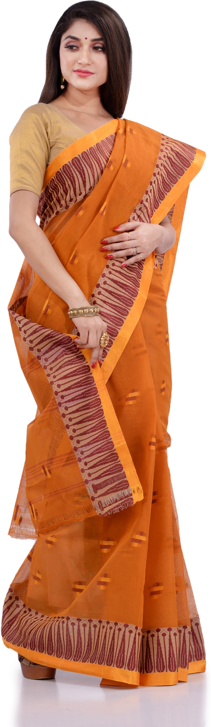 Desh Bidesh Woven Handloom Pure Cotton Saree (Orange) - Distacart