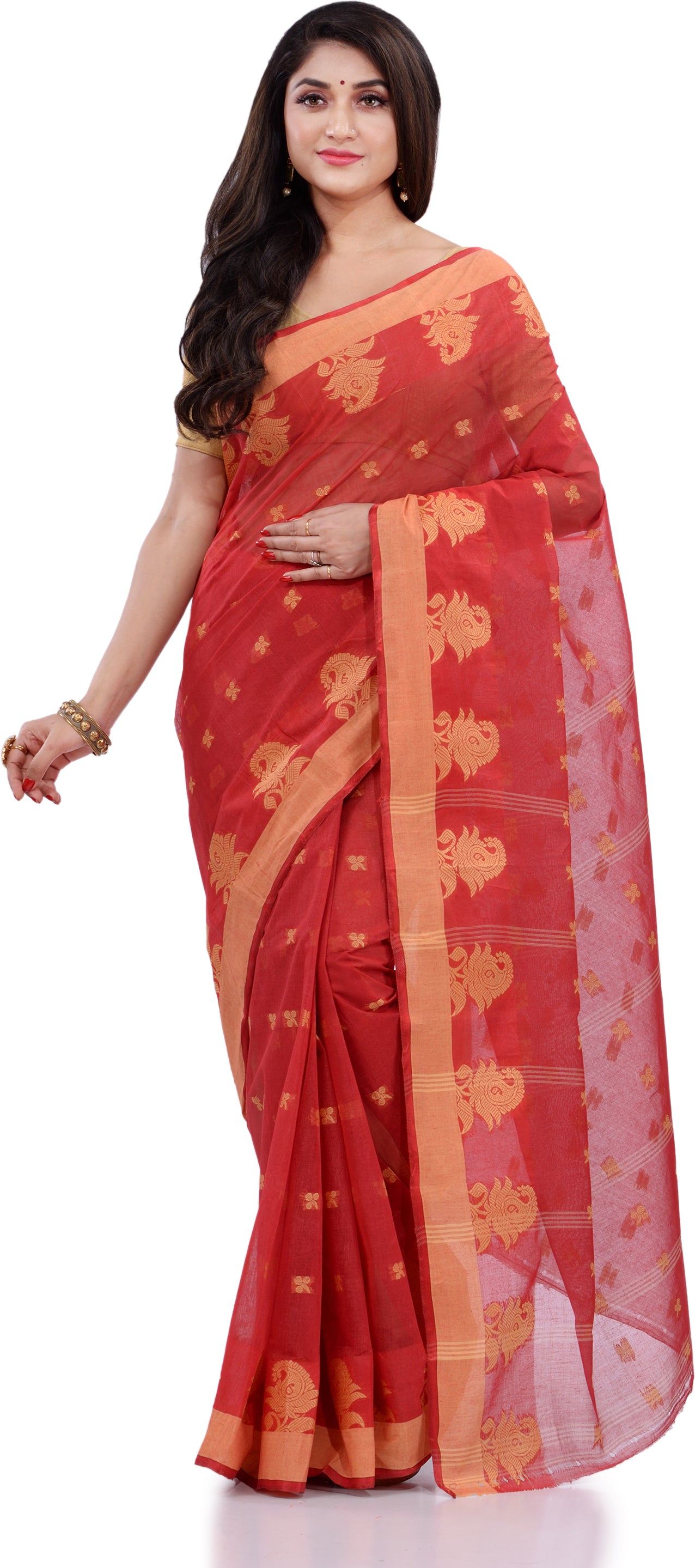 Desh Bidesh Woven Handloom Pure Cotton Saree (Red) - Distacart