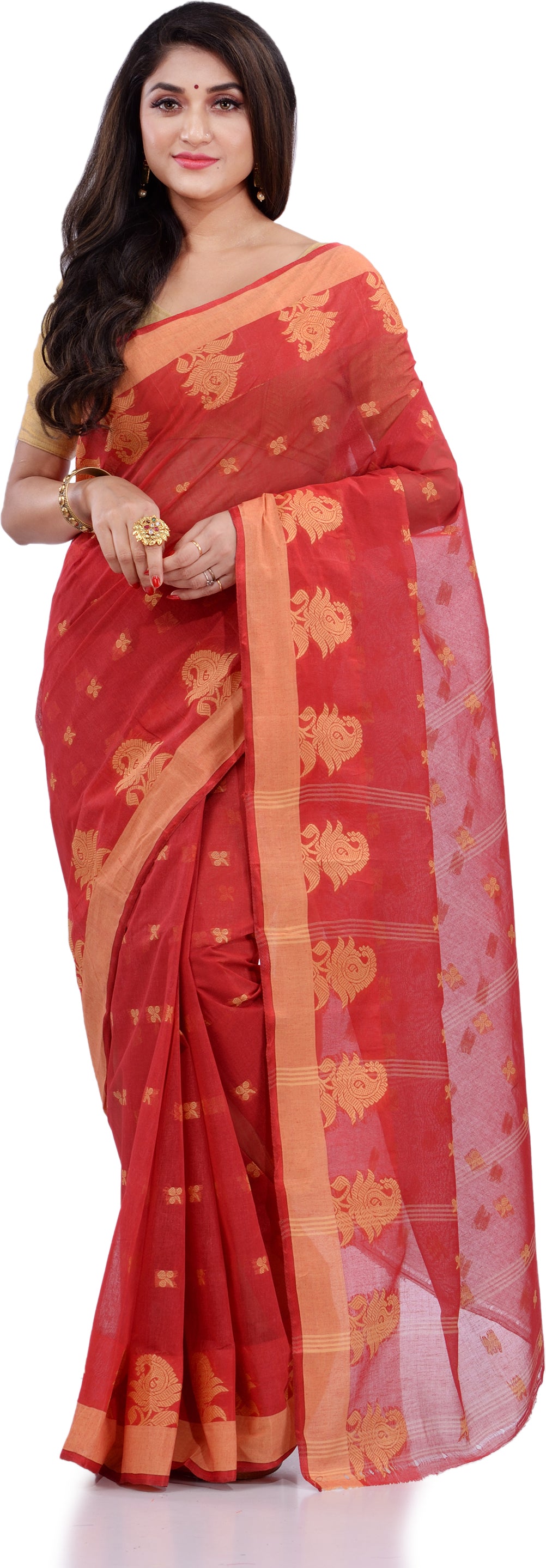 Desh Bidesh Woven Handloom Pure Cotton Saree (Red) - Distacart