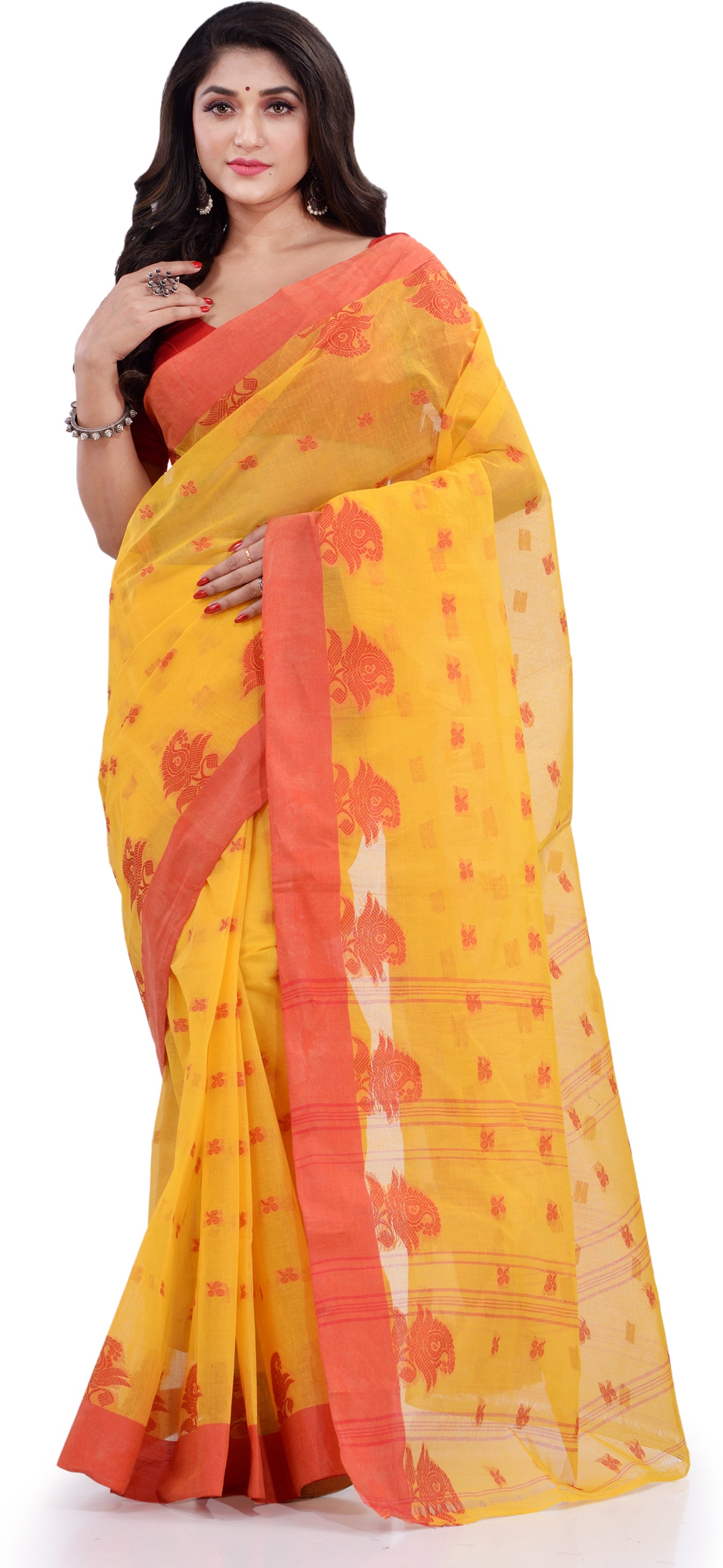Desh Bidesh Woven Handloom Pure Cotton Saree (Yellow) - Distacart