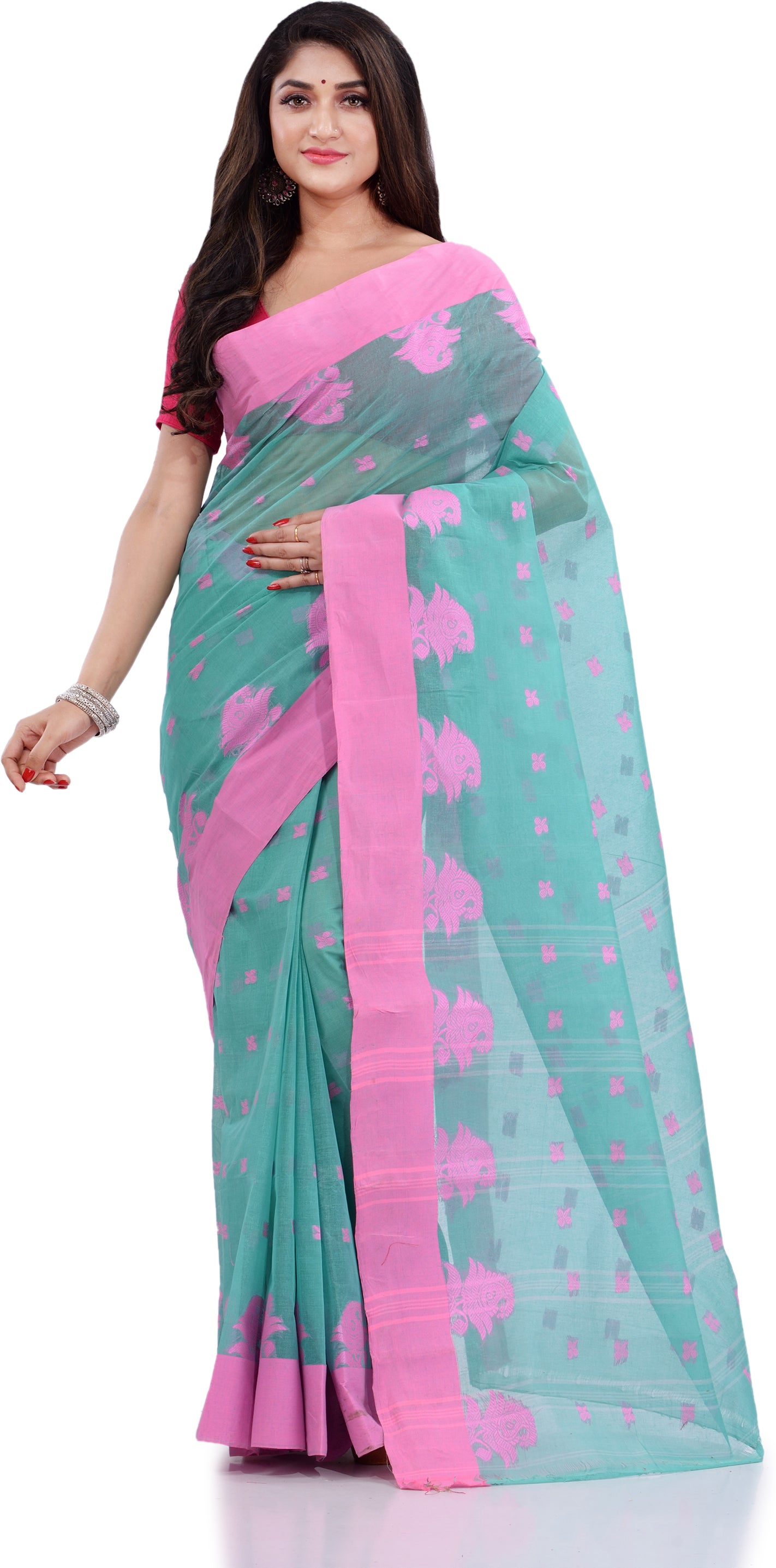 Desh Bidesh Woven Handloom Pure Cotton Saree (Light Blue) - Distacart