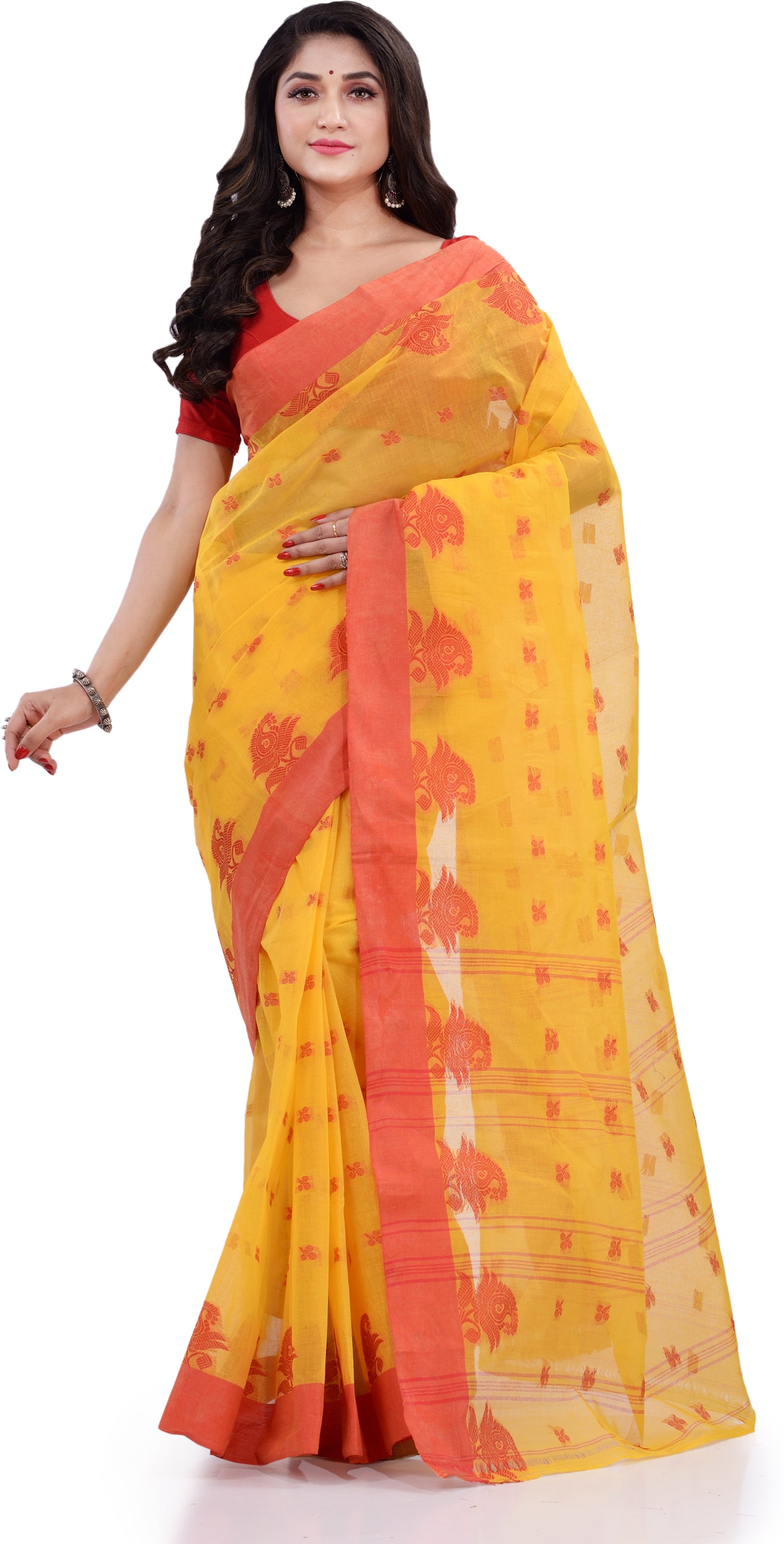 Desh Bidesh Woven Handloom Pure Cotton Saree (Yellow) - Distacart