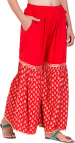 Thumbnail for PAVONINE Red Color 3-Panels Sequence Printed Flared Sharara For Women & Girls - Distacart