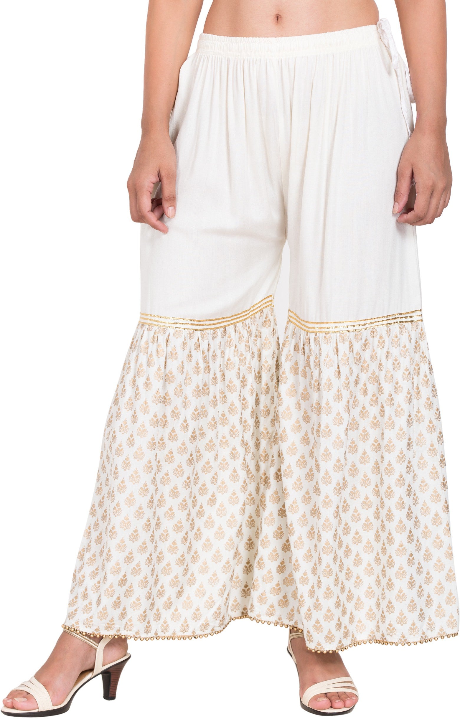 PAVONINE Off-White Color 3-Panels Sequence Printed Flared Sharara For Women & Girls - Distacart
