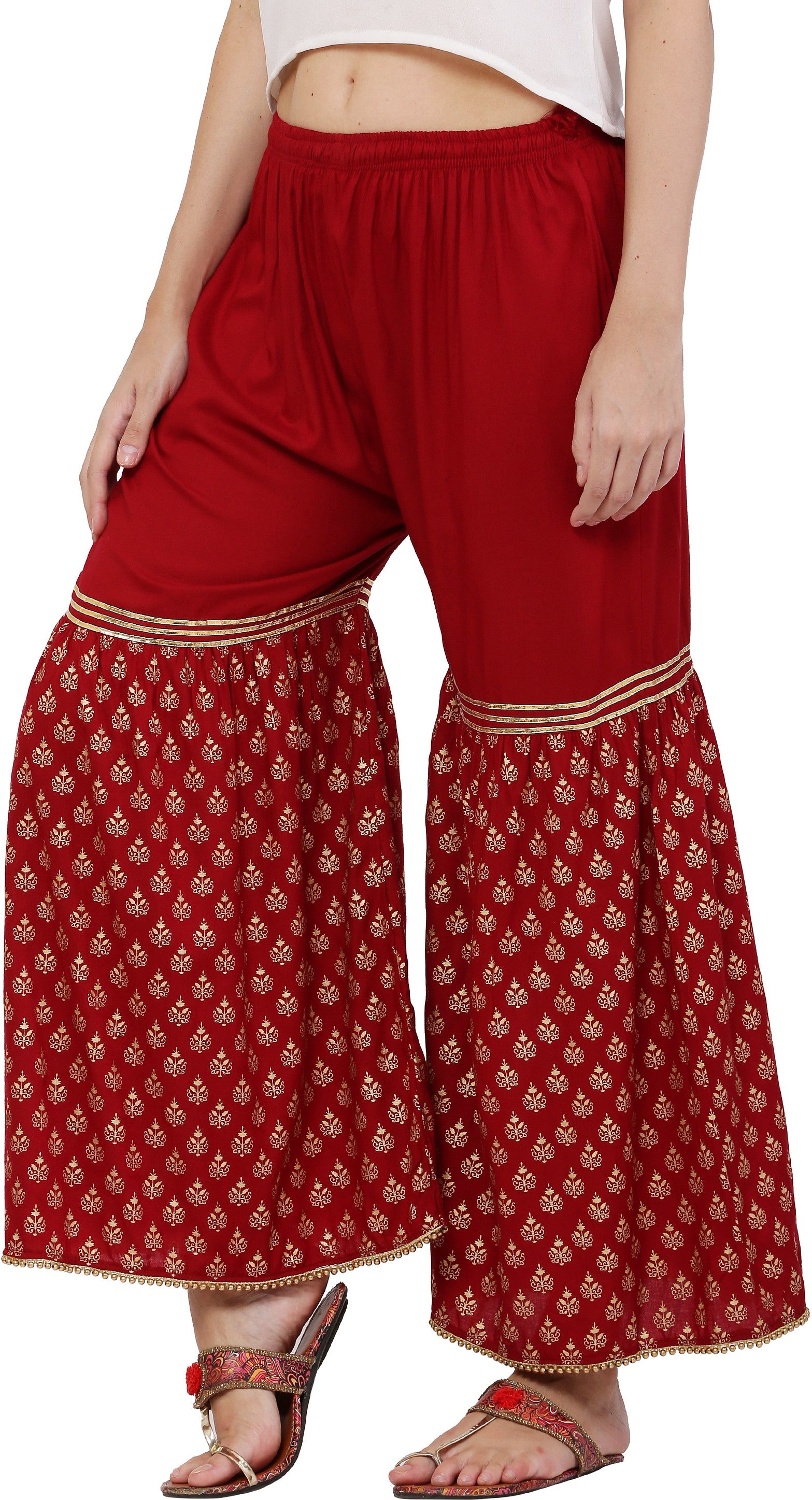 PAVONINE Maroon Color 3-Panels Sequence Printed Flared Sharara For Women & Girls - Distacart