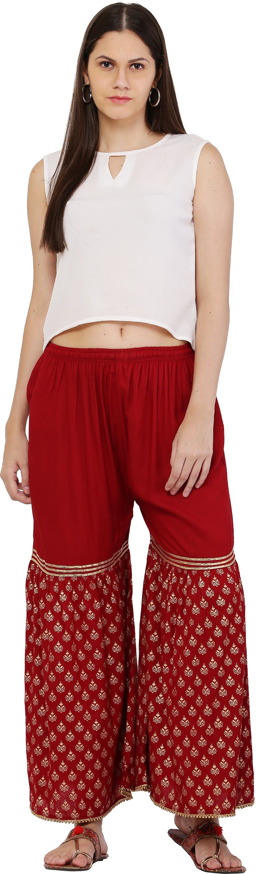 PAVONINE Maroon Color 3-Panels Sequence Printed Flared Sharara For Women & Girls - Distacart