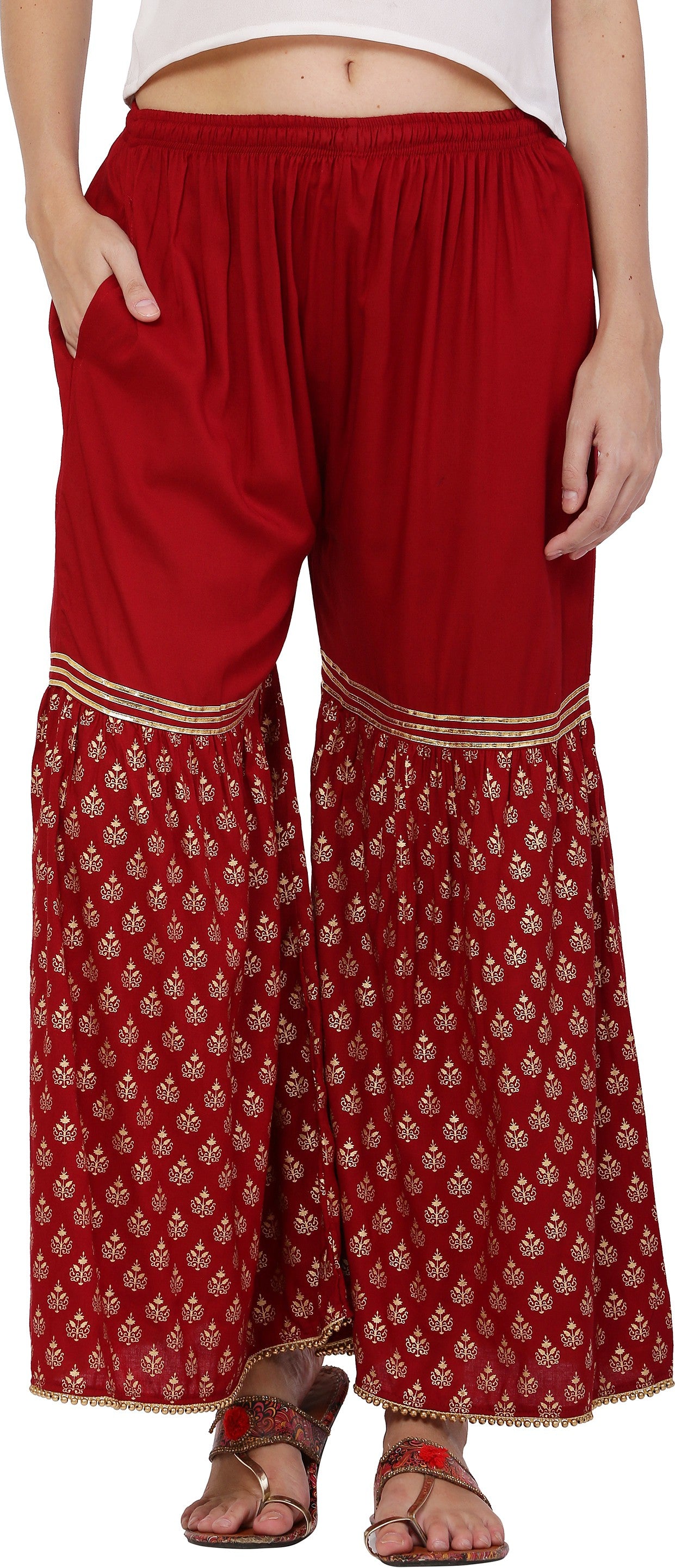 PAVONINE Maroon Color 3-Panels Sequence Printed Flared Sharara For Women & Girls - Distacart