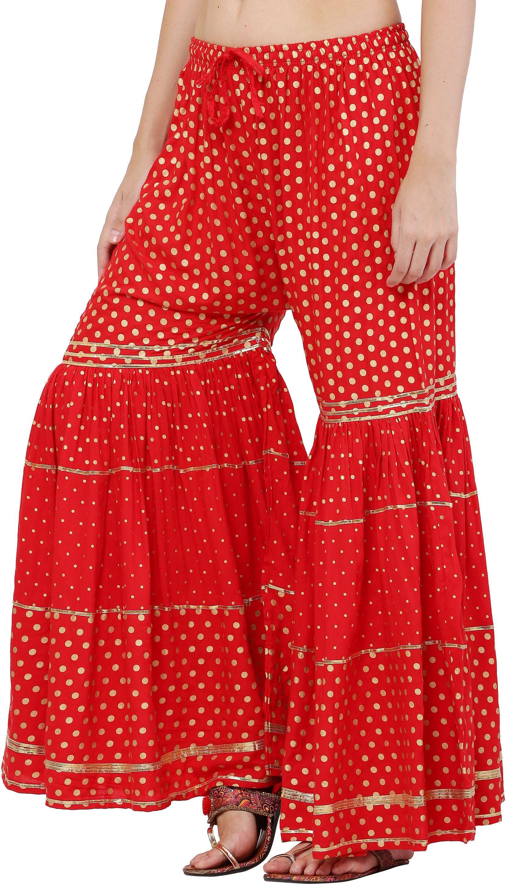 PAVONINE Red Color 3-Panels Golden Printed Flared Sharara For Women & Girls - Distacart