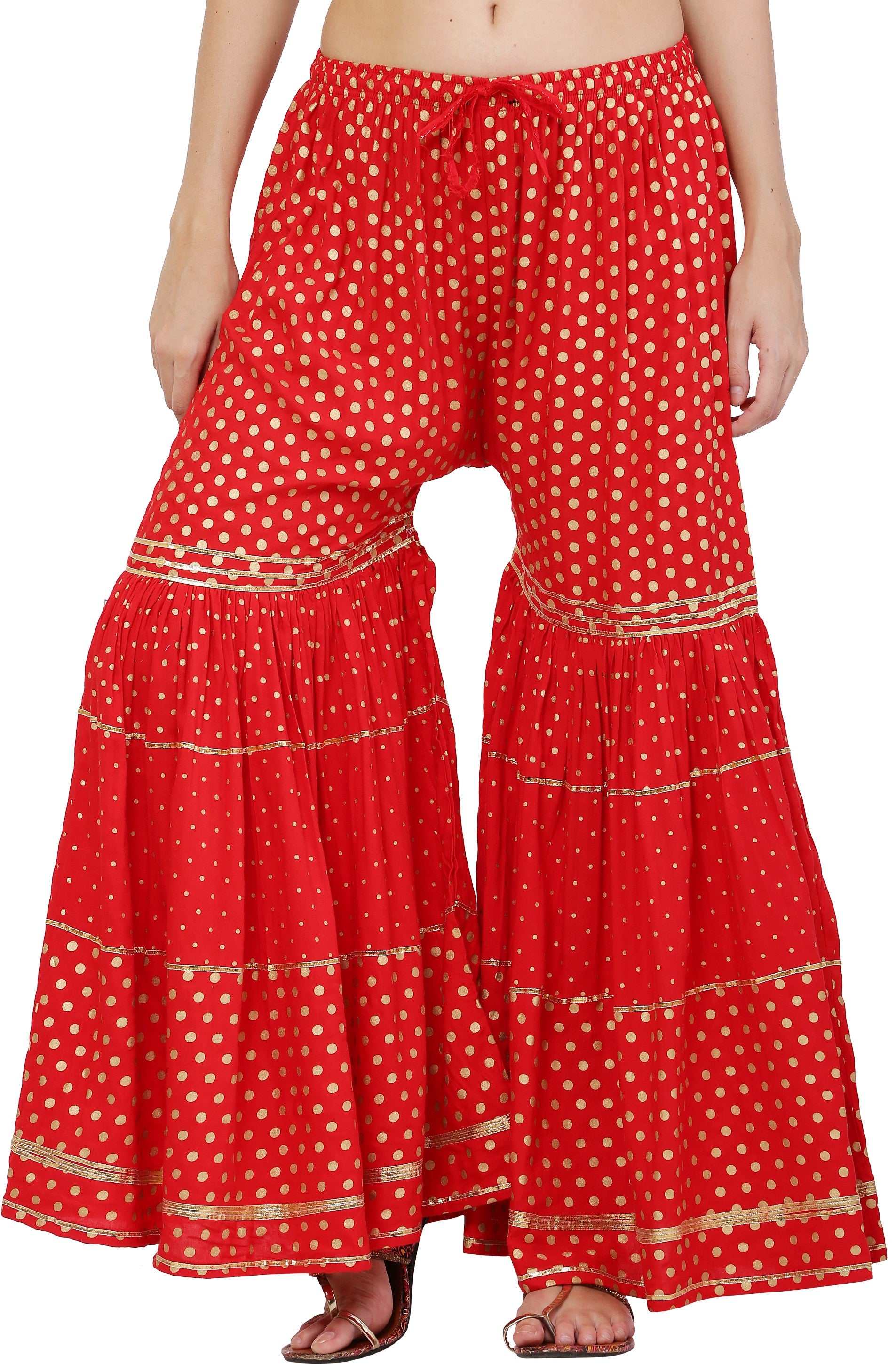 PAVONINE Red Color 3-Panels Golden Printed Flared Sharara For Women & Girls - Distacart