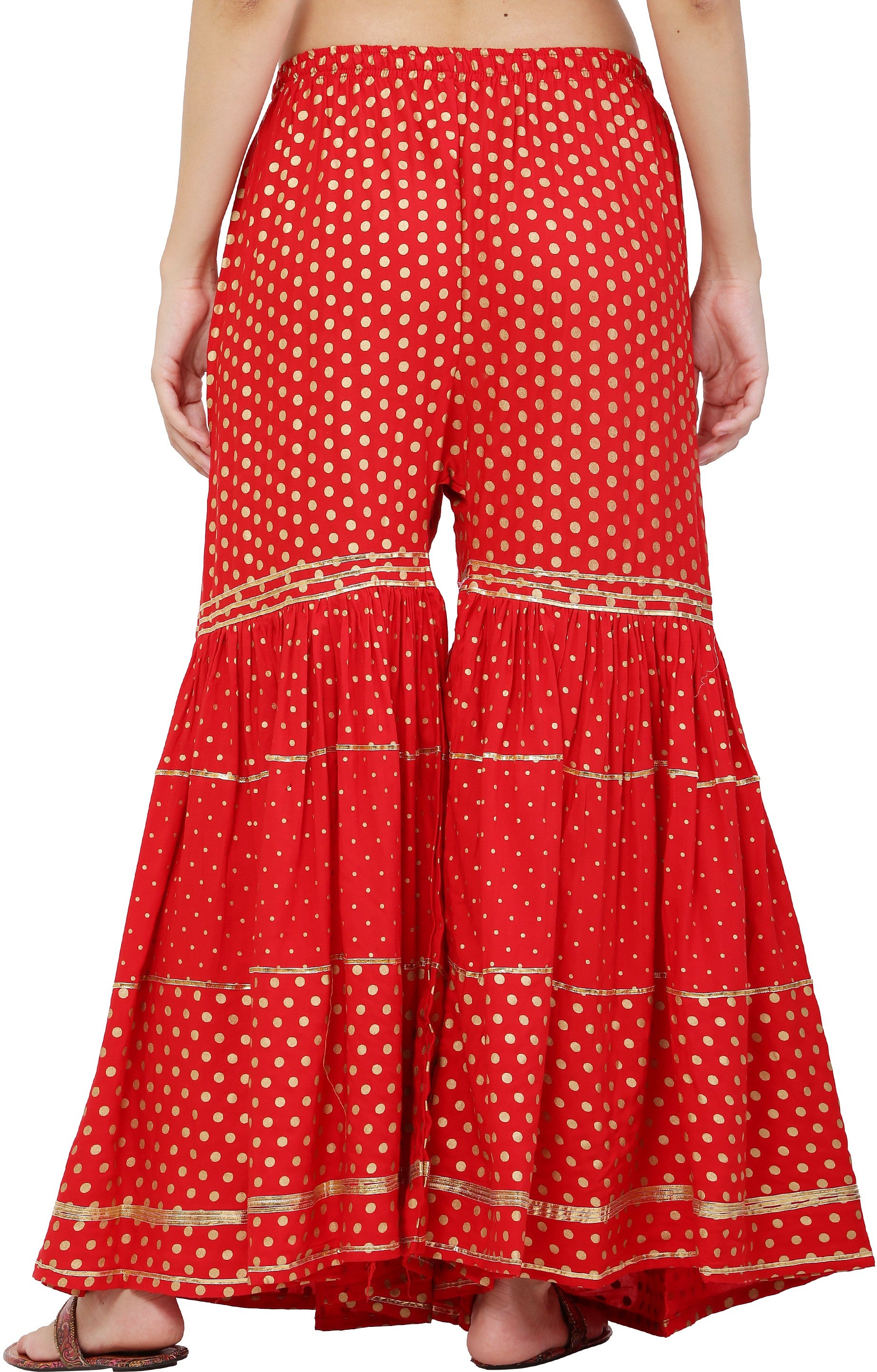 PAVONINE Red Color 3-Panels Golden Printed Flared Sharara For Women & Girls - Distacart