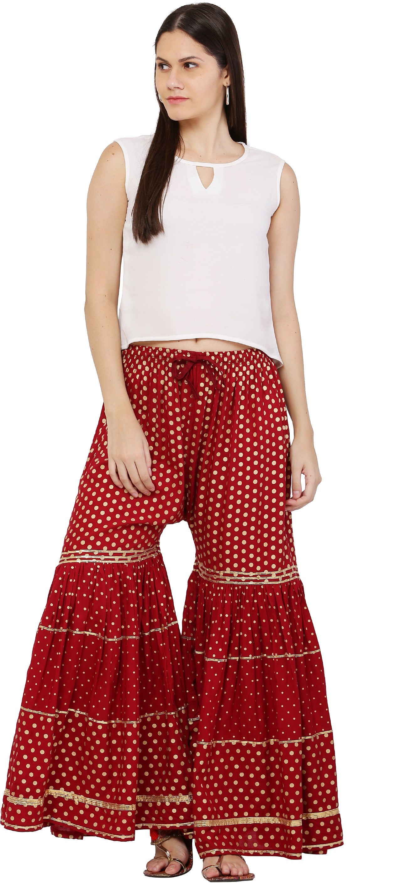 PAVONINE Maroon Color 3-Panels Golden Printed Flared Sharara For Women & Girls - Distacart