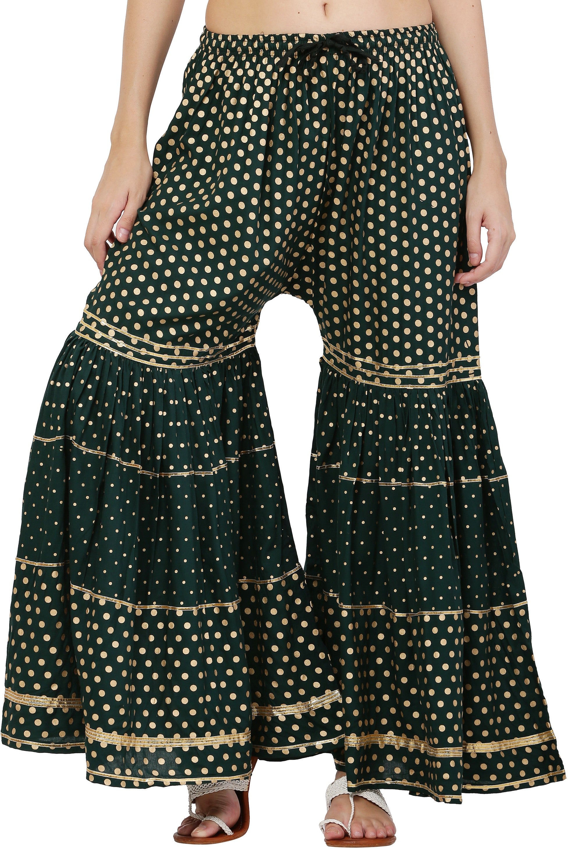 PAVONINE Bottle Green Color 3-Panels Golden Printed Flared Sharara For Women & Girls - Distacart