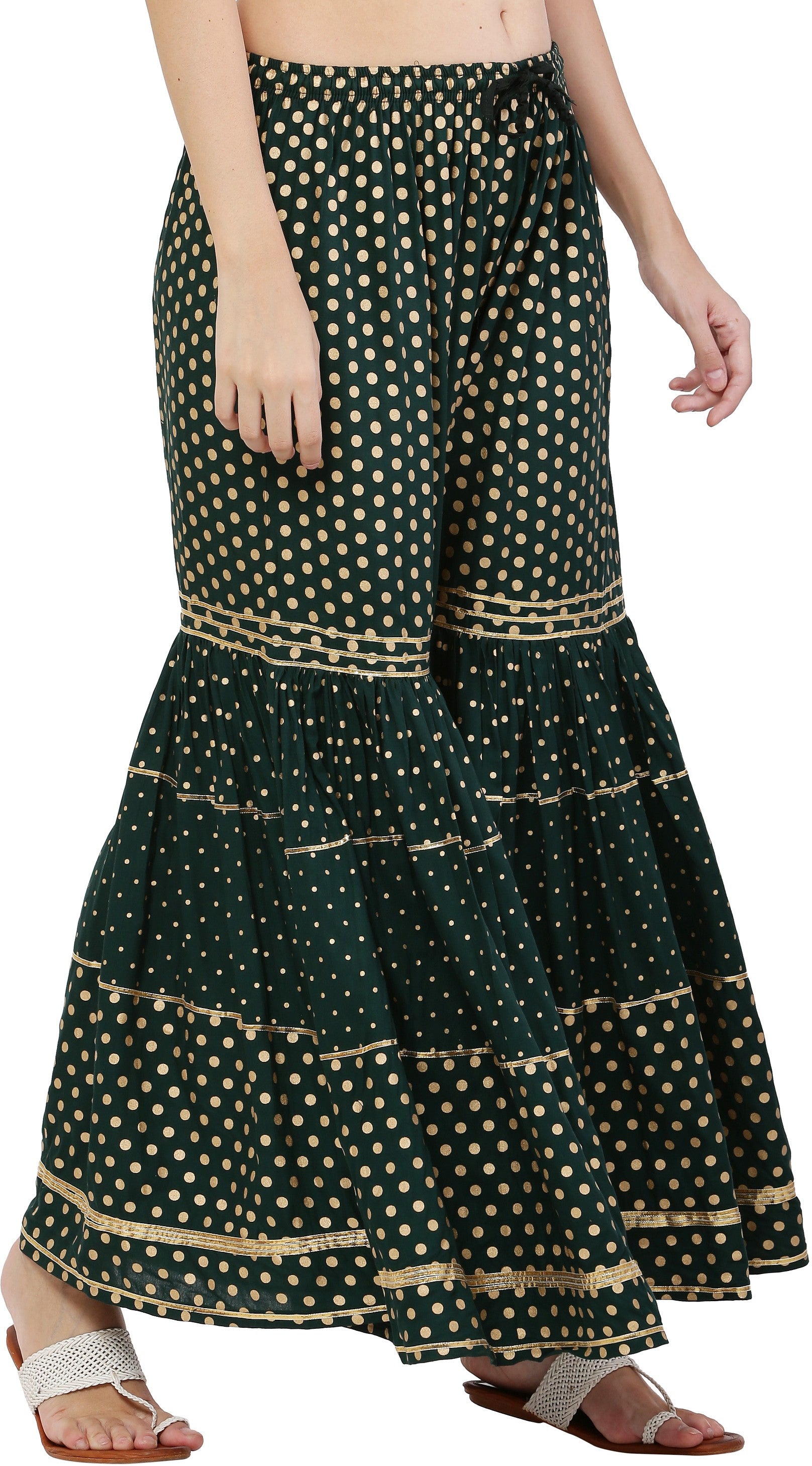 PAVONINE Bottle Green Color 3-Panels Golden Printed Flared Sharara For Women & Girls - Distacart